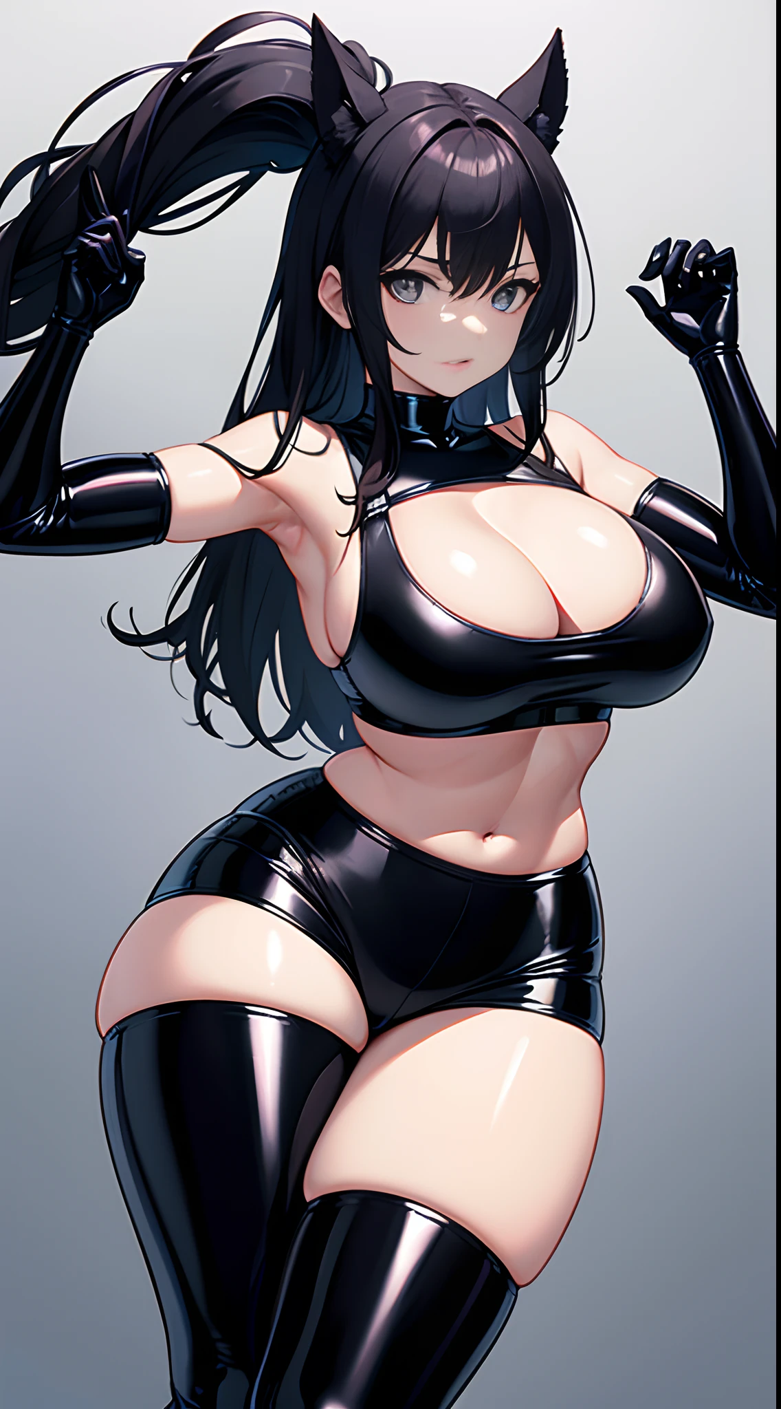 Blank background,stand posture,Solo,gigantic cleavage breasts,Black hair,Black colored eyes,The barefoot,Sports bra,Latex bra,Latex tong,Latex knee pads,Latex elbow pads