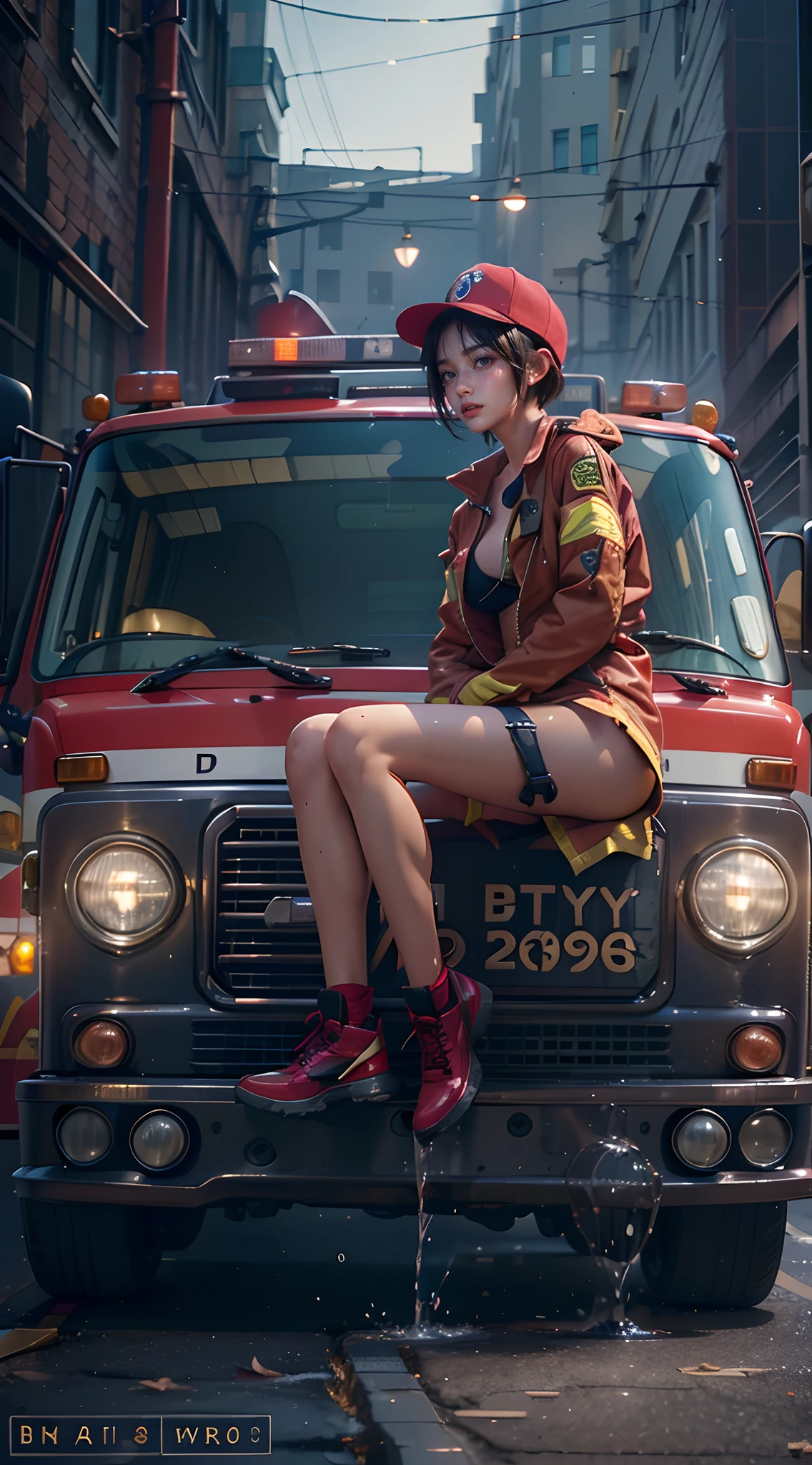 (The FW), 1womanl, Solo, 24 year old, 7headed body, (cute  face), (Ideal ratio body proportions), American cityscape, firefighter, Sit in front of a fire truck, crouching down, The costume is sheer, Wearing sweat, Wet, short-hair, Dark hair, small tits, A slender, Small buttocks, beauty legs, Skinny Legs, surrealism, Cinematic lighting, depth of fields, One-person viewpoint, F/1.8, 135 mm, nffsw, masutepiece, ccurate, Anatomically correct, Textured skin, Super Detail, high details, High quality, awardwinning, Best Quality, hight resolution, 8K