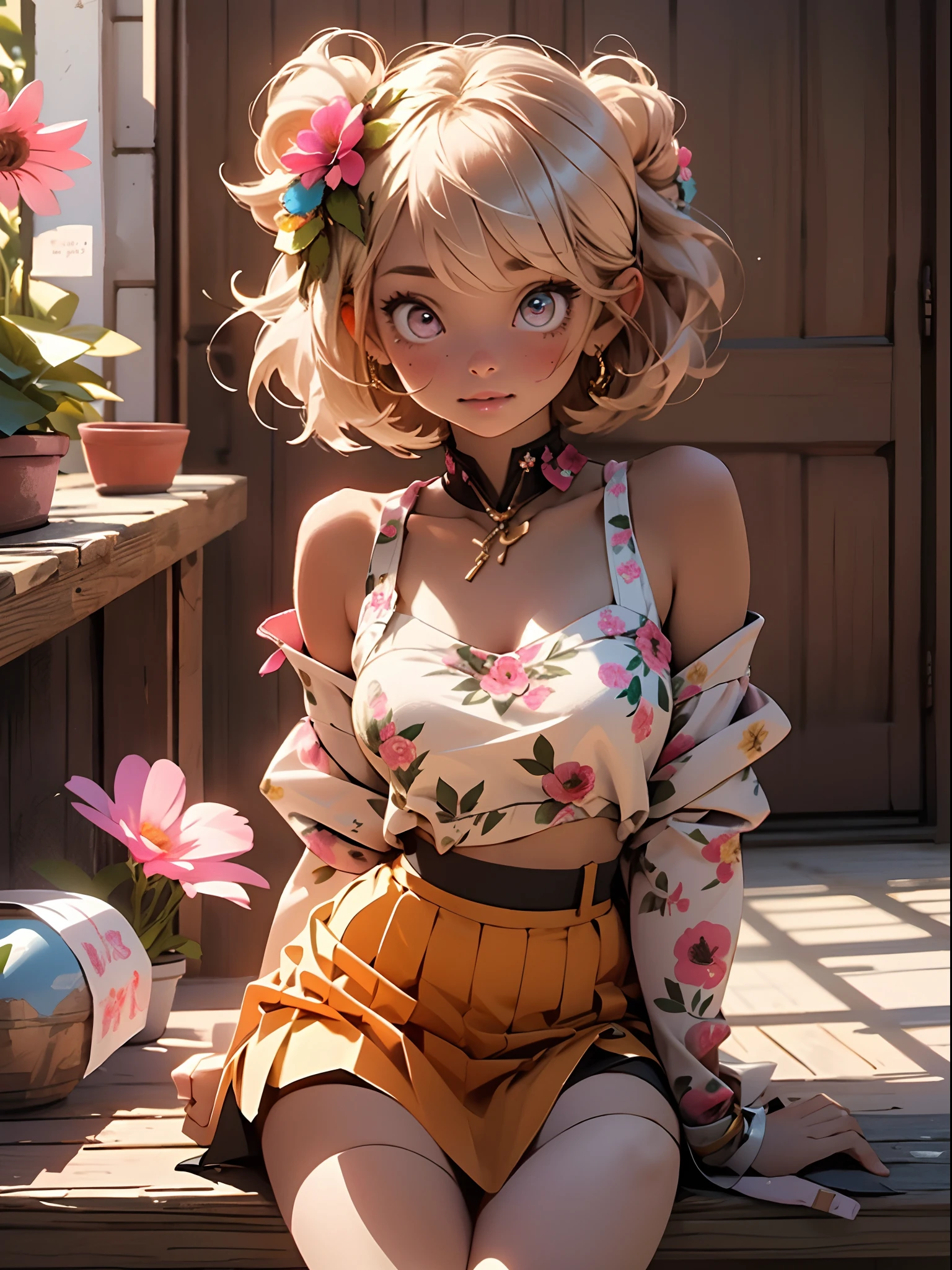 18 year old beautiful girl, masterpiece, best quality, 8K animation, detailed fingers, precise fingers, not unnatural hands, illustration, 1 girl, solo, pink bob cut, gold crown, flower hair ornament, sagging eyes, red mini skirt, YUI