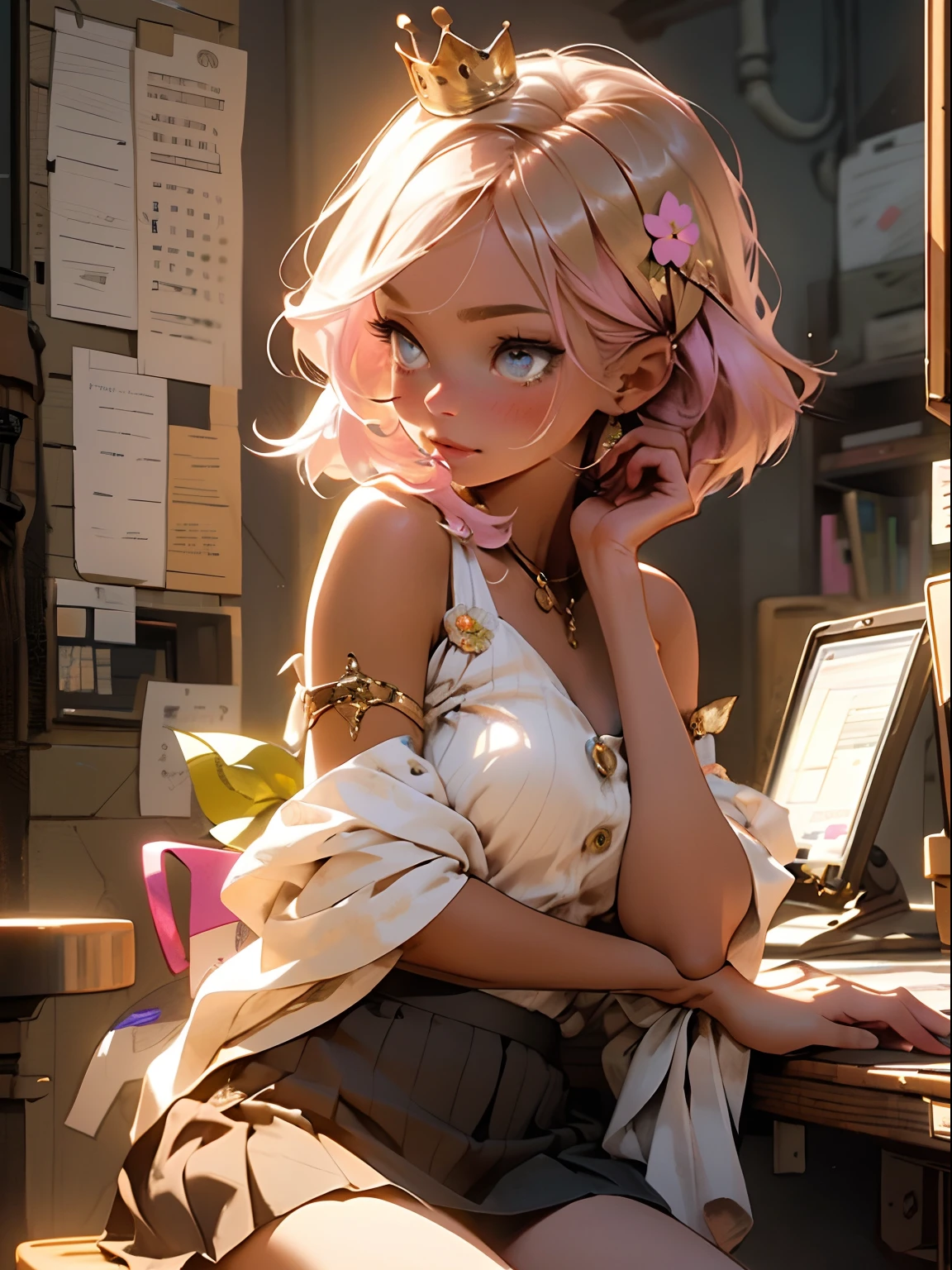 18 year old beautiful girl, masterpiece, best quality, 8K animation, detailed fingers, precise fingers, not unnatural hands, illustration, 1 girl, solo, pink bob cut, gold crown, flower hair ornament, sagging eyes, red mini skirt, YUI