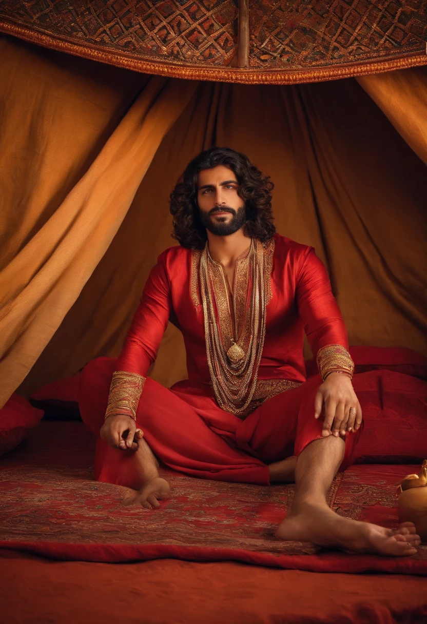 Abdal was an Arab. He wore baggy red trousers adorned with gold jewelry, seu peito nu e musucloso era forte e robusto, estava sem camisa. Seu rosto era firme de viril tinha barba espessa e escura. olhos verdes penetrantes, sorriso sedutor. Seus cabelos eram escuros e seu corpo forte e musucloso era bronzeado. He wore gold bracelets and was lying among cushions in a tent in the middle of an oasis in the Arabian desert.