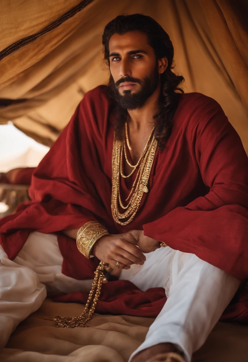 Abdal was an Arab. He wore baggy red trousers adorned with gold jewelry. Seu rosto era firme de viril tinha barba espessa e escura. Olhos verdes penetrantes, sorriso sedutor. Seus cabelos eram escuros e seu corpo forte e musucloso era bronzeado. He wore gold bracelets and lay between cushions in a tent in the middle of an oasis in the Arabian desert.