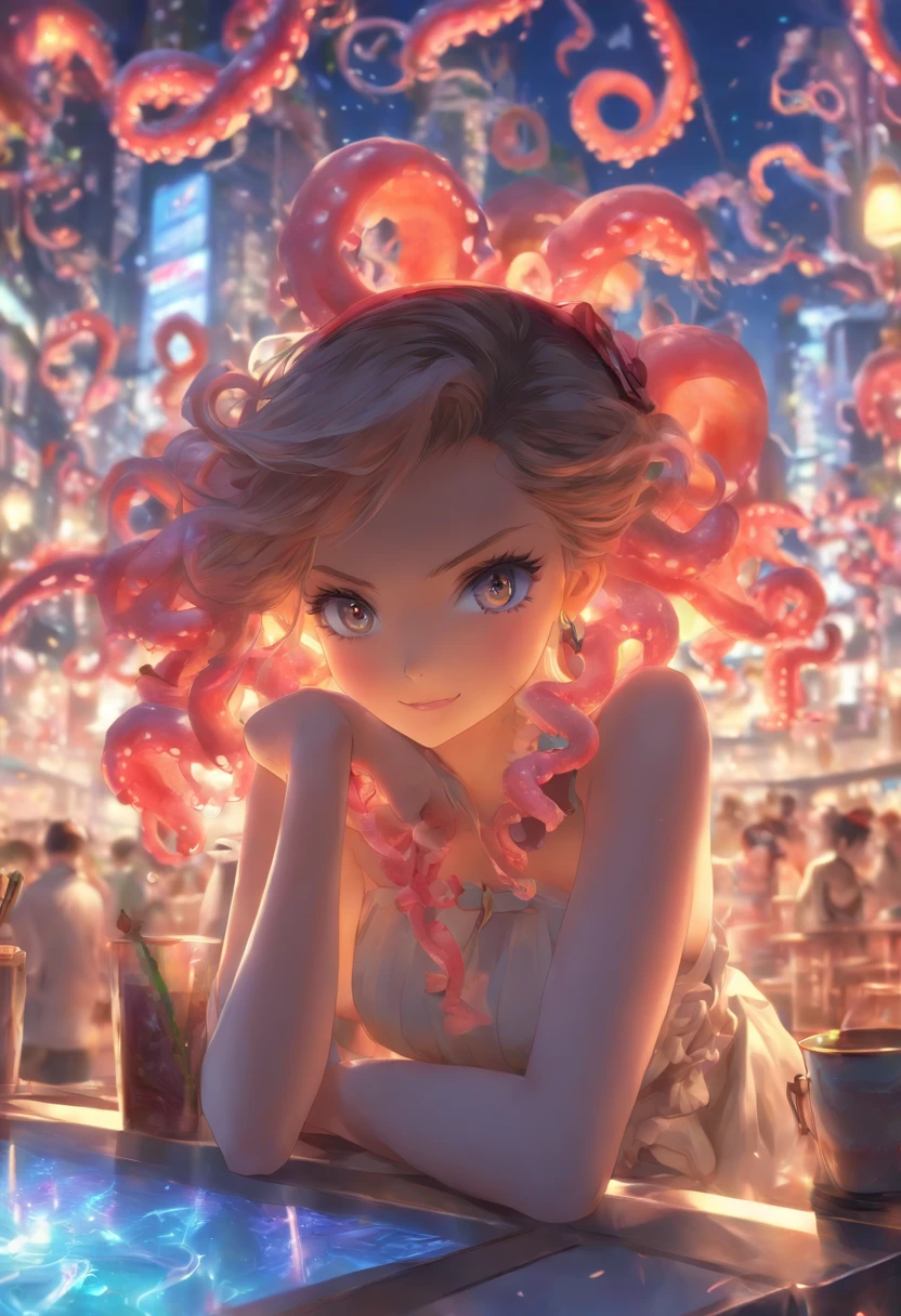 Anime girl with hat and skirt sitting at table, Fine details. Anime. tentacles, cushart krenz key art feminine, tentacles around, best anime 4k konachan wallpaper, Trending on ArtStation pixiv, from the azur lane videogame, Seductive anime dick girl, krenz cushart and artgerm, small curvy loli