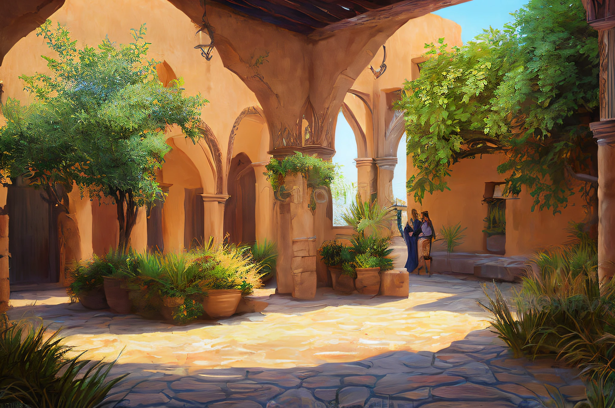 scene of a courtyard, 3 people, tranquil desert, sunlight, glow, scenery concept art, overgrowth. by Renoir , relaxing concept art, traditional classic concept art, a beautiful artwork illustration. high detail, background art, detailed concept art, environment design illustration, concept art highly detailed