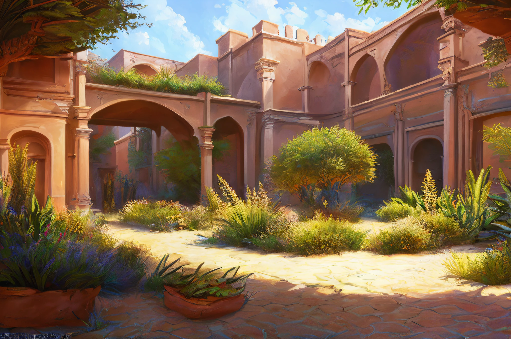 scene of a courtyard, 3 people, tranquil desert, sunlight, glow, scenery concept art, overgrowth. by Renoir , relaxing concept art, traditional classic concept art, a beautiful artwork illustration. high detail, background art, detailed concept art, environment design illustration, concept art highly detailed