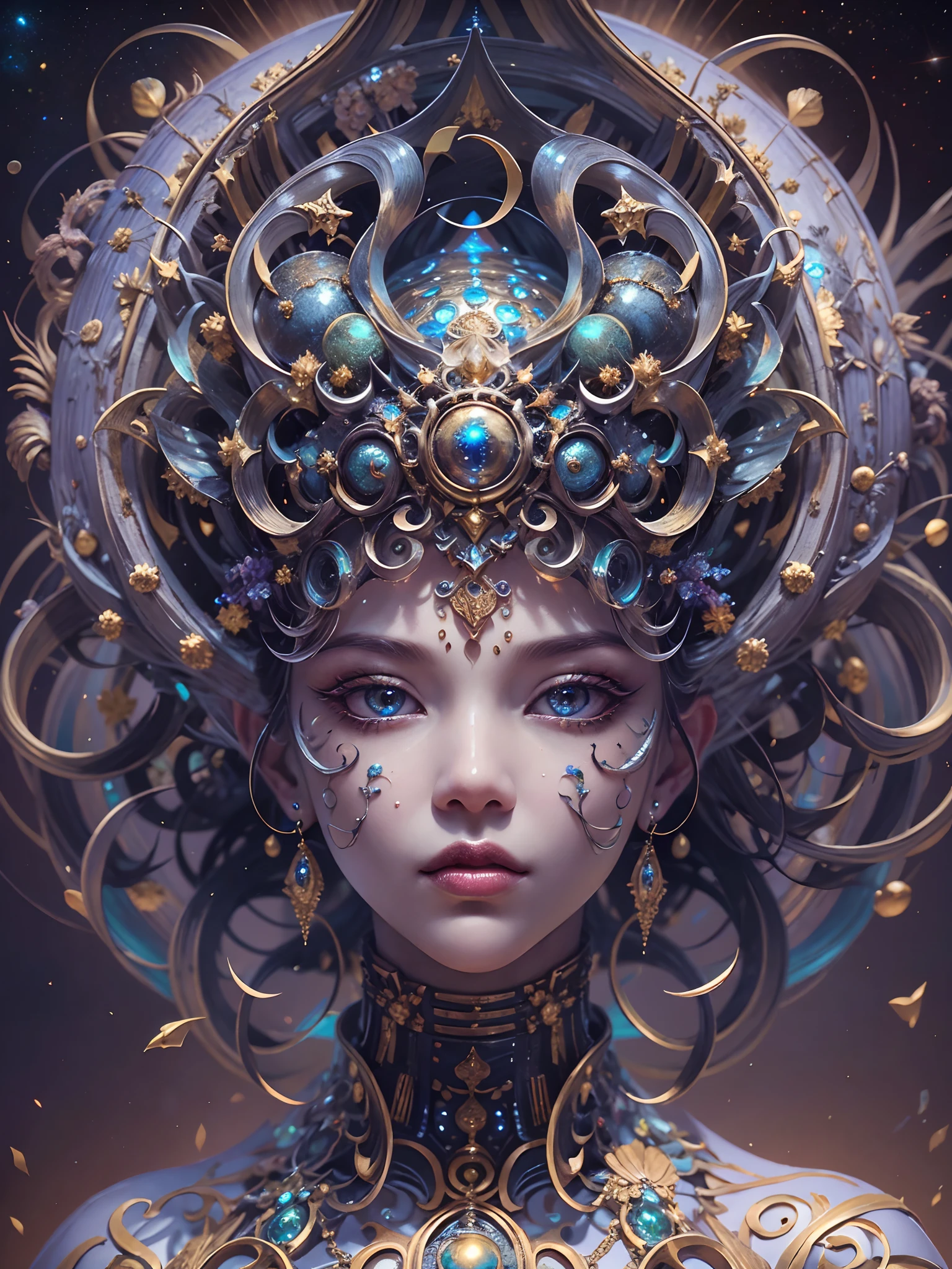 （best qualtiy，ultra - detailed，Most Best Illustration，Best shadow，tmasterpiece，A high resolution，professionalartwork，famousartwork），Detailed eyes，beautidful eyes，closeup cleavage，sci-fy，colored sclera，Robot eyes，face markings，Tattooed with，（fractalized，Fractal eyes），largeeyes，Wide eyes，（Eye focus），sface focus，Cosmic eyes，Space eyes，Close-up of metal sculpture of a woman with a moon in her hair，goddes。extremly high detail，3 d goddess portrait，Extremely detailed footage of the goddess，a stunning portrait of a goddess，Side image of the goddess，portrait of a beautiful goddess，Full body close-up portrait of the goddess，hecate goddess，portrait of a norse moon goddess，goddess of space and time, sea art 2.1