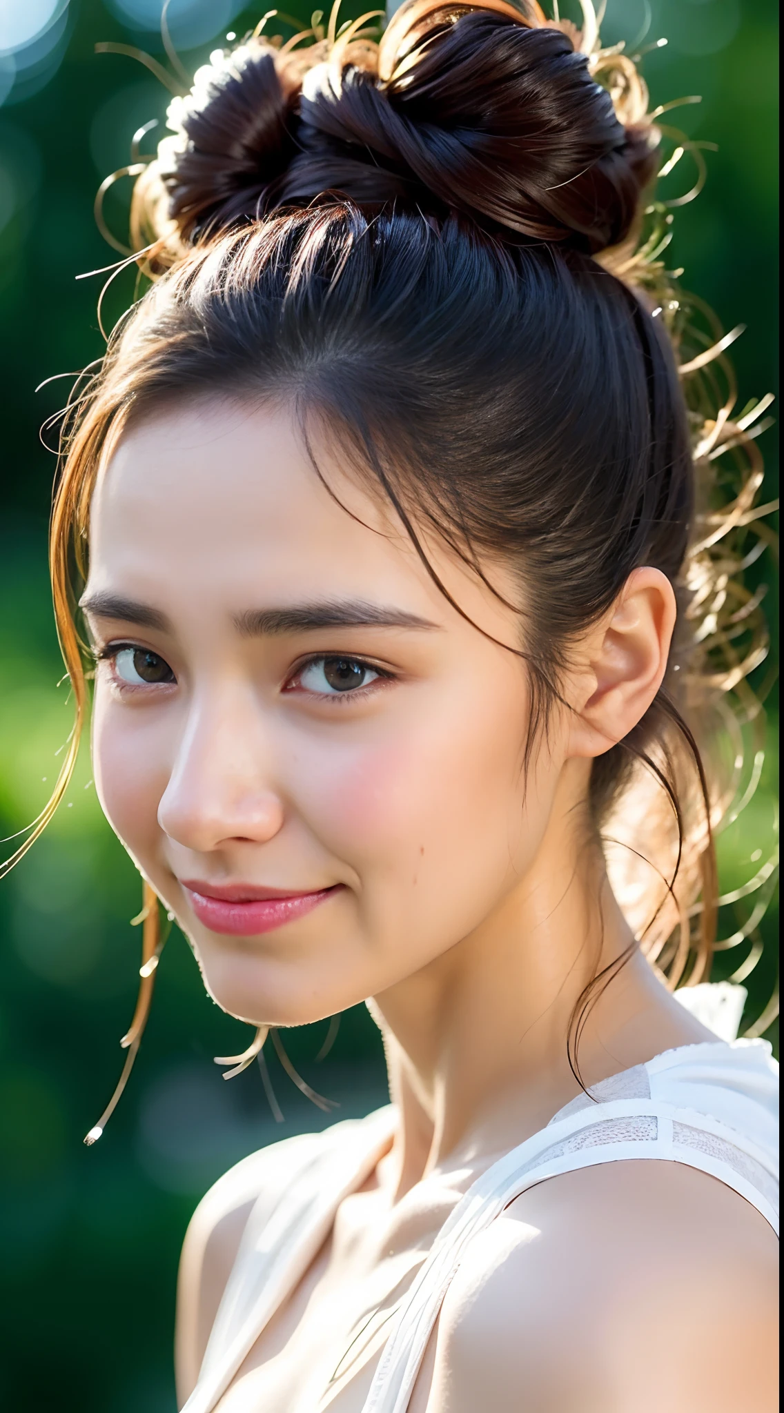 8k, RAW, Top image quality, 超A high resolution, 1girl, portlate, a closeup, Perfect litthing, Hair buns, bangss, is standing, is crying, shed tears, ((Shed tears)), Tears fall, tears on face, mournful, Sad face, Tears shining in the eyes, ((Closed lips)), radiant eyes, Glowing tears, Glowing tears, radiant eyes、smil
,akinav1,