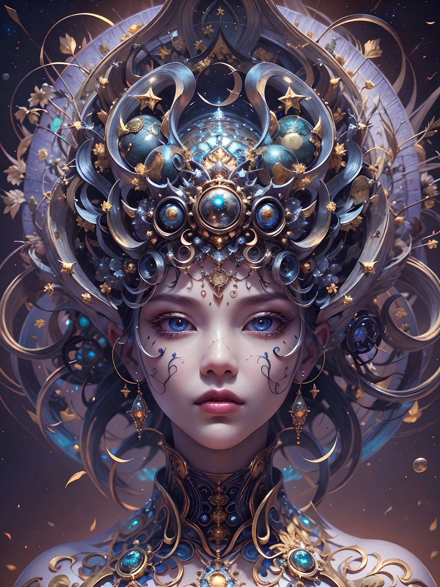 （best qualtiy，ultra - detailed，Most Best Illustration，Best shadow，tmasterpiece，A high resolution，professionalartwork，famousartwork），Detailed eyes，beautidful eyes，closeup cleavage，sci-fy，colored sclera，Robot eyes，face markings，Tattooed with，（fractalized，Fractal eyes），largeeyes，Wide eyes，（Eye focus），sface focus，Cosmic eyes，Space eyes，Close-up of metal sculpture of a woman with a moon in her hair，goddes。extremly high detail，3 d goddess portrait，Extremely detailed footage of the goddess，a stunning portrait of a goddess，Side image of the goddess，portrait of a beautiful goddess，Full body close-up portrait of the goddess，hecate goddess，portrait of a norse moon goddess，goddess of space and time, sea art 2.1