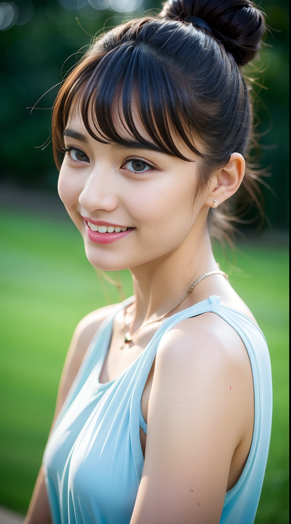 8k, RAW, Top image quality, 超A high resolution, 1girl, portlate, a closeup, Perfect litthing, Hair buns, bangss, is standing, is crying, shed tears, ((Shed tears)), Tears fall, tears on face, mournful, Sad face, Tears shining in the eyes, ((Closed lips)), radiant eyes, Glowing tears, Glowing tears, radiant eyes、smil
,akinav1,