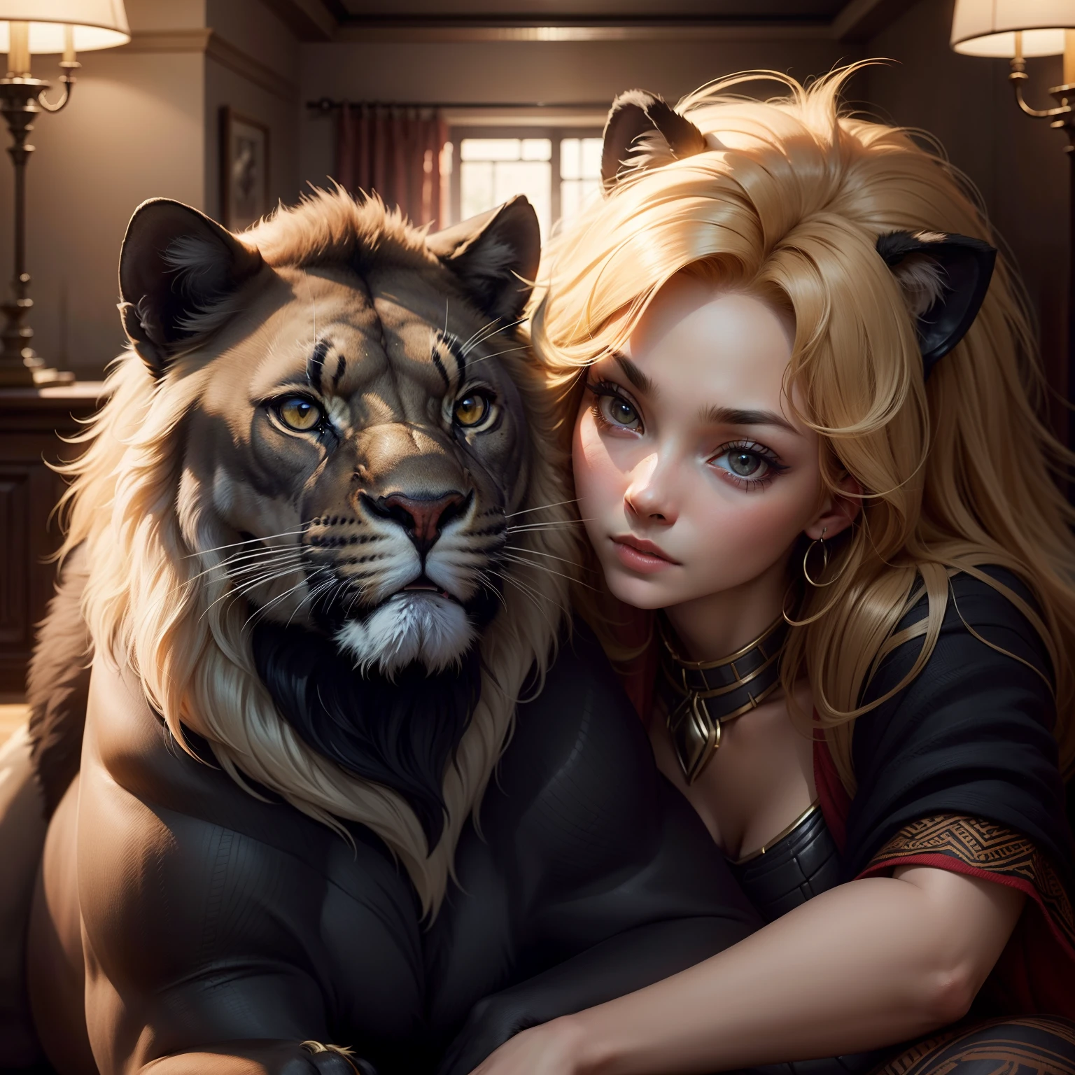Lion with brave face, Loving a black panther, love, passion,