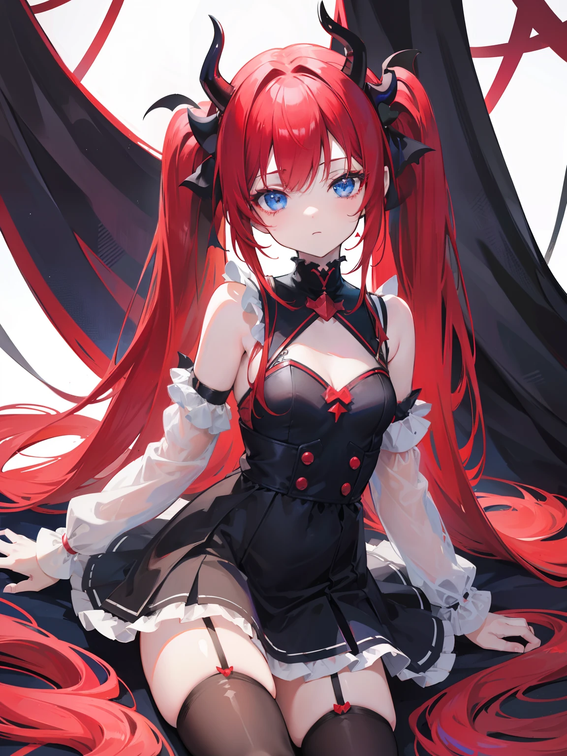 red hair,blue eyes,twintails, long hair, solo, loli, black stockings,{{best quality}}, {{masterpiece}}, {{ultra-detailed}}, {illustration}, {detailed light}, {an extremely delicate and beautiful},,cute,Succubus, demon,horns