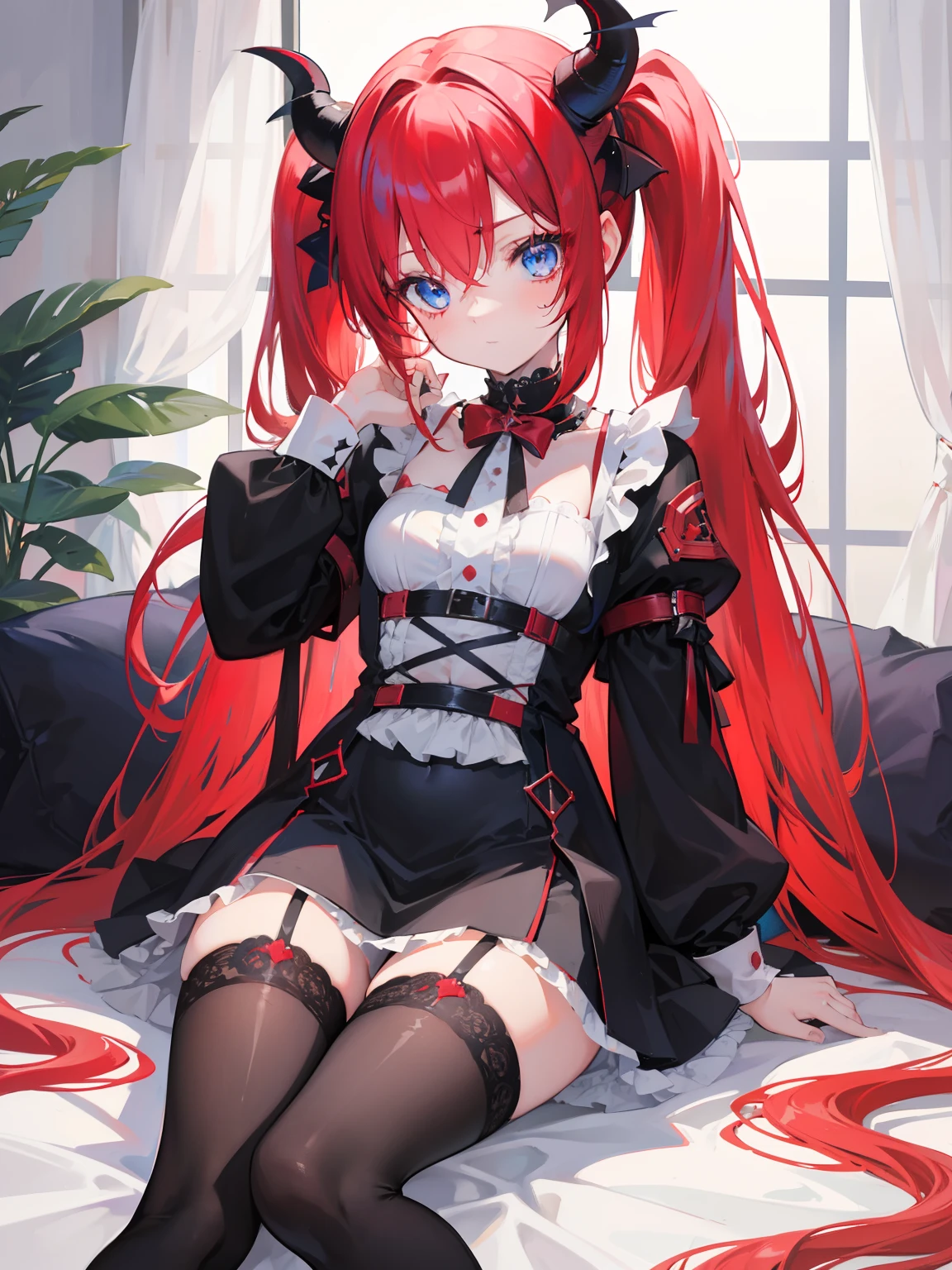 red hair,blue eyes,twintails, long hair, solo, loli, black stockings,{{best quality}}, {{masterpiece}}, {{ultra-detailed}}, {illustration}, {detailed light}, {an extremely delicate and beautiful},little girl,cute,Succubus, demon,horns