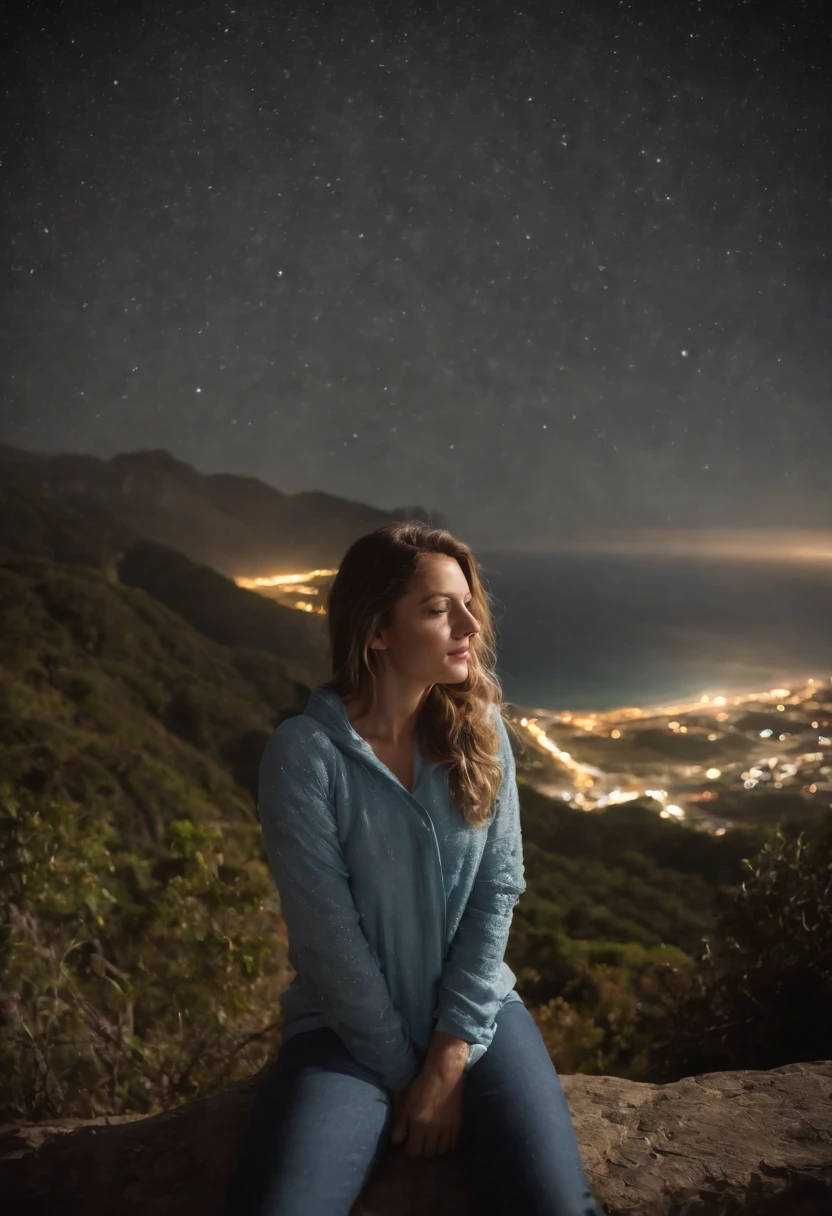 Uma pessoa ((selfie da parte superior do corpo, imersa em pensamentos profundos)), enquanto flutua em meio a um vasto e misterioso cosmos. The scene should convey a sense of contemplation and insignificance in the face of the grandeur of the universe, obra-prima, melhor qualidade, ultra detalhada, solo, ao ar livre, (noite), montanhas, natureza, (estrelas, lua) alegre, feliz, mochila, saco de dormir, camping stove, water bottle, botas de montanha, luvas, pullover, kalap, lanterna, floresta, pedras, rio, madeira, smoke billowing, sombras, contraste, clear sky, analogue style , (matiz quente, tom quente)