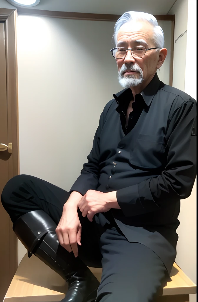with a goatee,Old gentleman in black riding boots,Show off his boots,The light source is in the upper left corner。