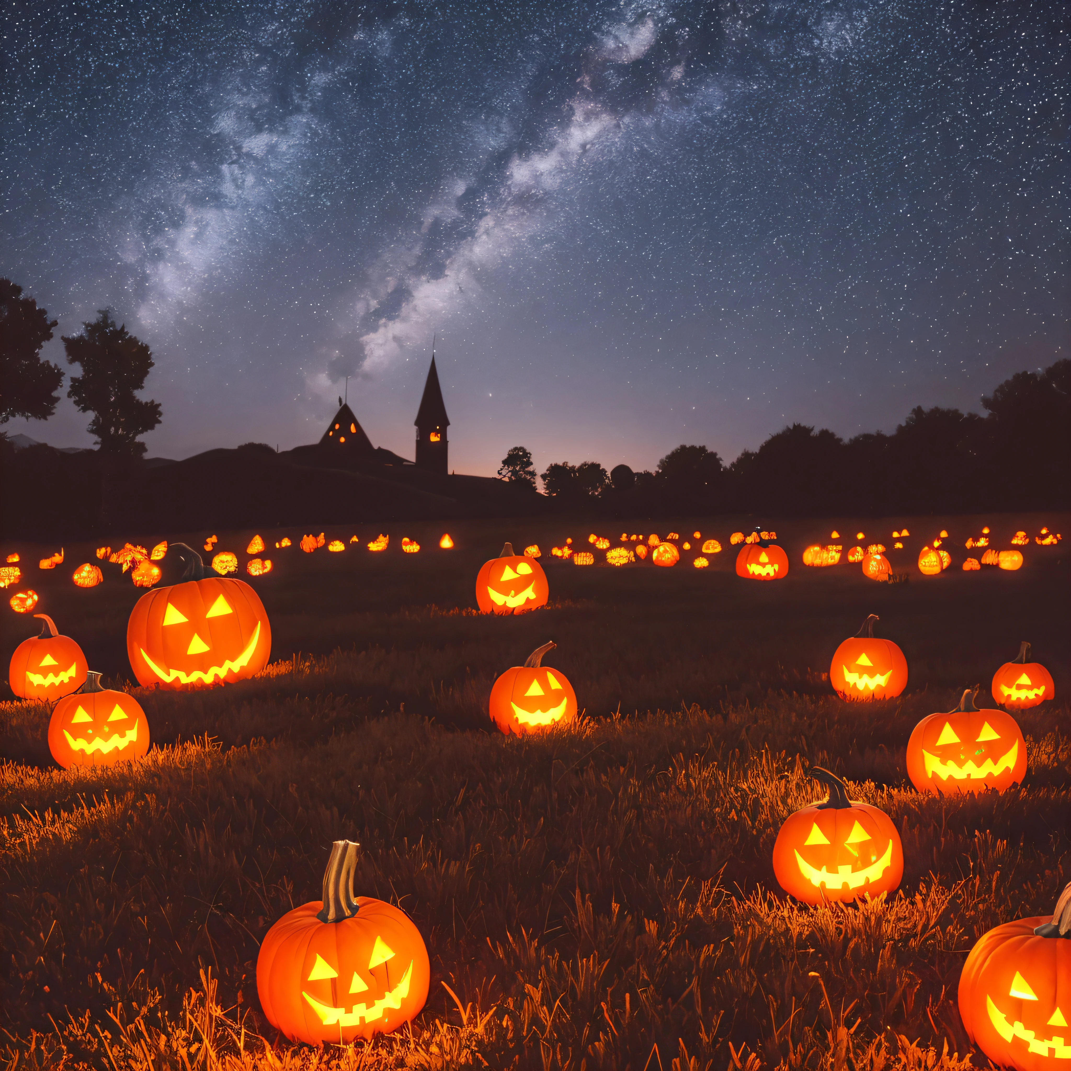 a Halloween vector background with a pumpkin patch bathed in the glow of jack-o'-lanterns and a starry night sky