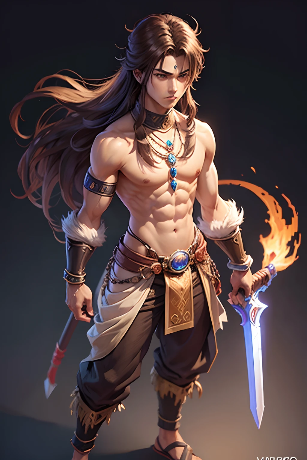 a close up of a pixel art of a person holding a sword, visual novel sprite, jrpg character, art of megaman zero 3 style pixel, delicate indian tribal prince, beautiful necklace with big pendant in centre, rpg character, made in rpg maker, sekiro:shadows die twice style 2 d fanart, brown covering at waist, muscular body, long hair, long pant, indian chappal, pixel style, game pixel style, pixel art, gamign 2d pixel