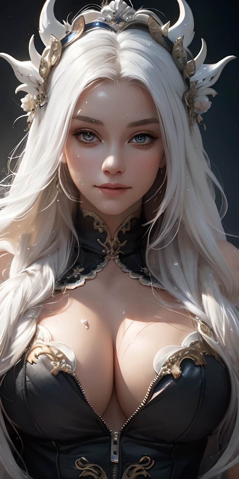 Close up portrait of woman with white hair and white mask,beautiful character painting,Guviz,Guviz-style artwork,white haired god,By Jan J,Magnificent and beautiful character art,Stunning character art,Fan Qi,Wu Jun Sifan,Gwitz at Pixiv Art Station,Fine Quality Eyes,Fine face,Quality eye quality,(delight,Be red in the face),gigantic cleavage breasts,Raised ,whole body Dripping wet,Pose with your hips facing yourself,cleavage a smile