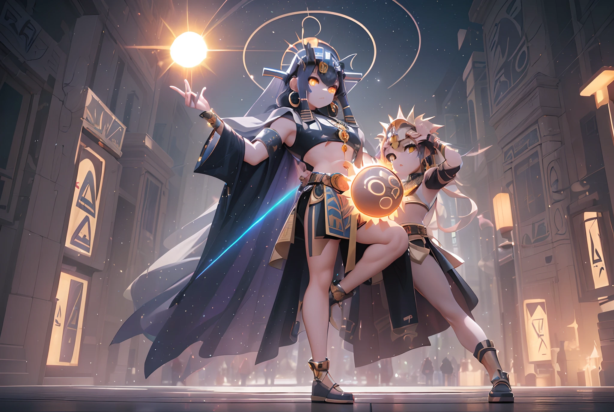 (Dynamic Angle:1.4), ((Full body posing:1.5), (Colorful:1.2), (Highly detailed CG Unity 16K wallpaper:1.1), (Denoising strength: 1.45), (tmasterpiece:1.37), ((Official art)), of the highest quality, (Realistic), Male child, (Short-cut hair:1.2),(Costume of Sun God Ra:1.5),Golden hair,Glowing eyes,(yellow eyes:1.2),((Poses in motion:1.4)),((Costume of Sun God Ra:1.3)),wires, (LED:1.3), (a hologram:1.2),(The sun overhead:1.3), futuristic city street, highrise buildings, (Night:1.2), (Rainbow Model:1.2), 8K resolution, (Anime style:1.3), Cinematic lighting, chromatic abberation, spark of light, Ray tracing, blending, ultra wide-angle, Hasselblad, (masutepiece), (masutepiece), ((Best Quality)), ((masutepiece)), nffsw