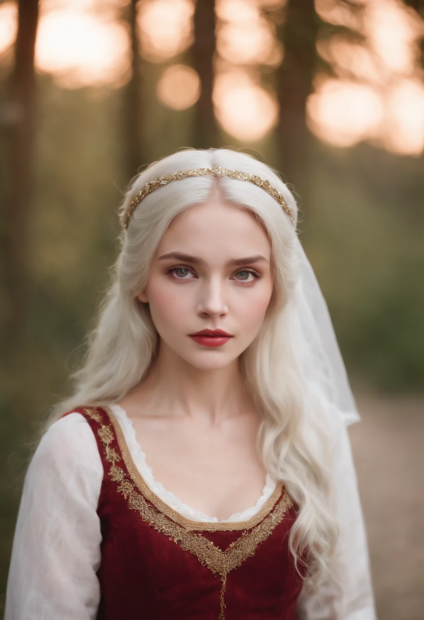 (((a deep reddish wound crosses her left cheek))) fair complexion, woman around 19 years old, natural white hair, distinctive green eyes, wearing kohl, slender and graceful, beautiful, candlelight in a medieval setting, ultra sharp focus, realistic shot, medieval female clothes, tetradic colors (scar:1.4)