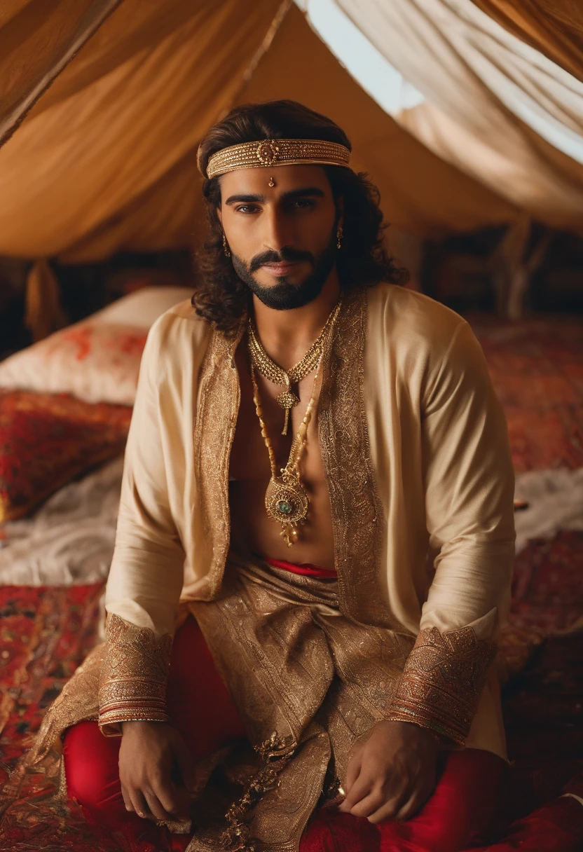 Abdal was an Arab. He wore baggy red trousers adorned with gold jewelry, seu peito nu e musucloso era forte e robusto, estava sem camisa. Seu rosto era firme de viril tinha barba espessa e escura. olhos verdes penetrantes, sorriso sedutor. Seus cabelos eram escuros e seu corpo forte e musucloso era bronzeado. He wore gold bracelets and was lying among cushions in a tent in the middle of an oasis in the Arabian desert.