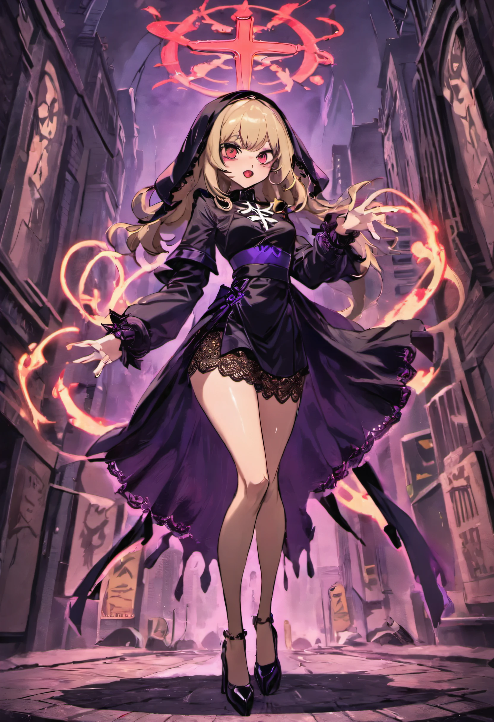 dark persona, Feeling dark energy, destroying, killing people, pile of corpses, at midnight, moon, ecstasy, looking at viewer, armor, fighting stance, happy, blush, evil grin, black leg armor, knight, long hair, octagonal yin yang mirror, purple eyes, audience, pillars of purple fire, 1 woman, black cape, runes, black dress, Ruined city, gold decoration, Summoning a dark sword, at midnight, gold hair, earring, chains, yin yang, red skirt, beautiful art, depth of field, high res, perfect face, detailed outfit