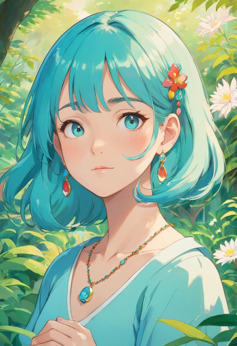Girl in an anime collar, Long necklaces and earrings, In the style of a tranquil garden landscape, colorful animation stills, Masami Teraoka, aquamarine, paul gauguin, Embry style, Honest portrayal