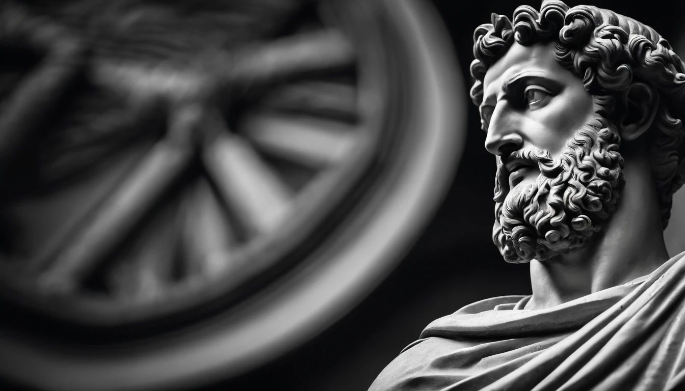 a statue of the stoic Marcus Aurelius in black and white 4K,Face de lado, papel de parede super realista, corpo forte, sem camisa, tronco forte, barriga forte