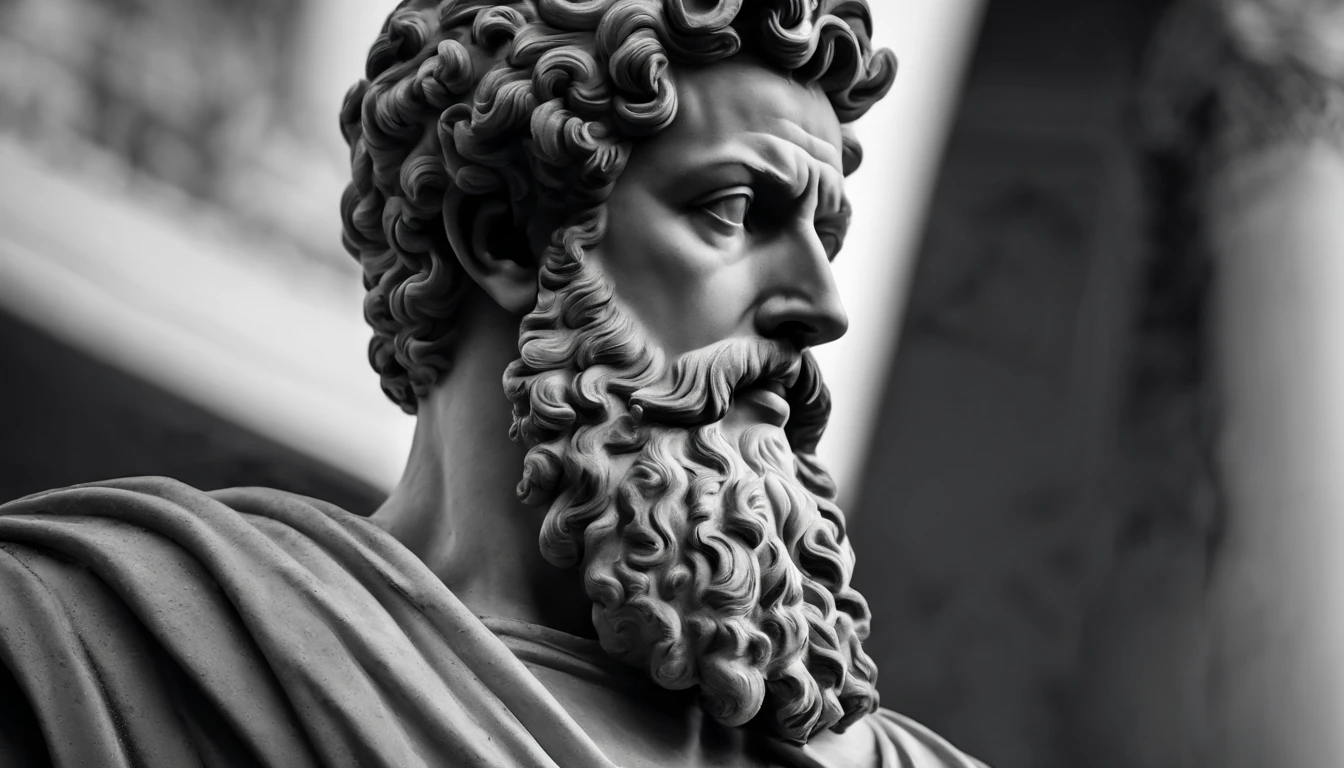 a statue of the stoic Marcus Aurelius in black and white 4K,Face de lado, papel de parede super realista, corpo forte, sem camisa, tronco forte, barriga forte