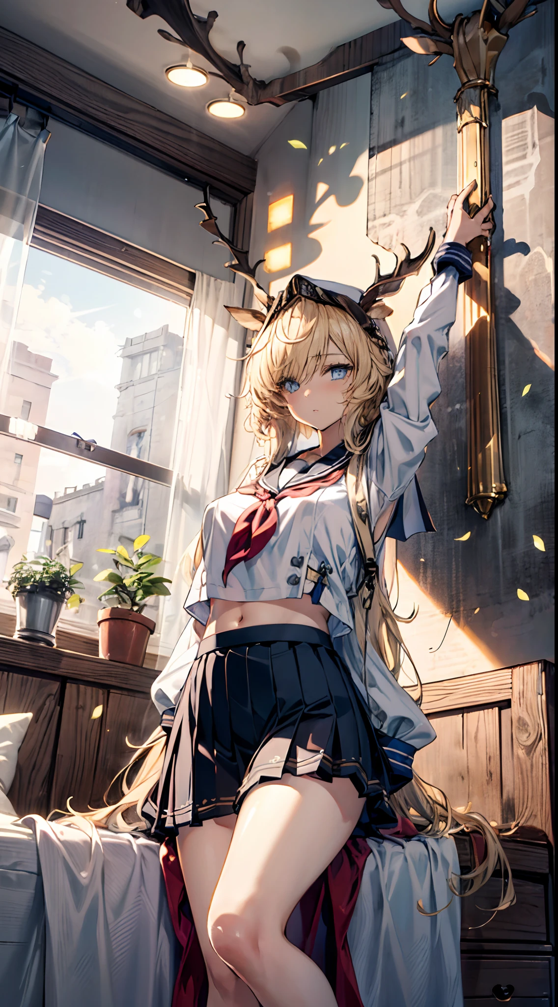 (((Masterpiece))),(incredibly_absurderes),(Best quality),(A high resolution),(Highly detailed),((CG unity 8k wallpaper)),Beautiful illustration、top-quality、Cute little girl s、Bedroom、Golden hair、long whitr hair、(((pleatedskirt)))、(((a sailor suit)))、short- sleeved、a navel、Pull up the skirt,Bare legged、eBlue eyes、on top of the bed、Lovely thighs、glowing thigh