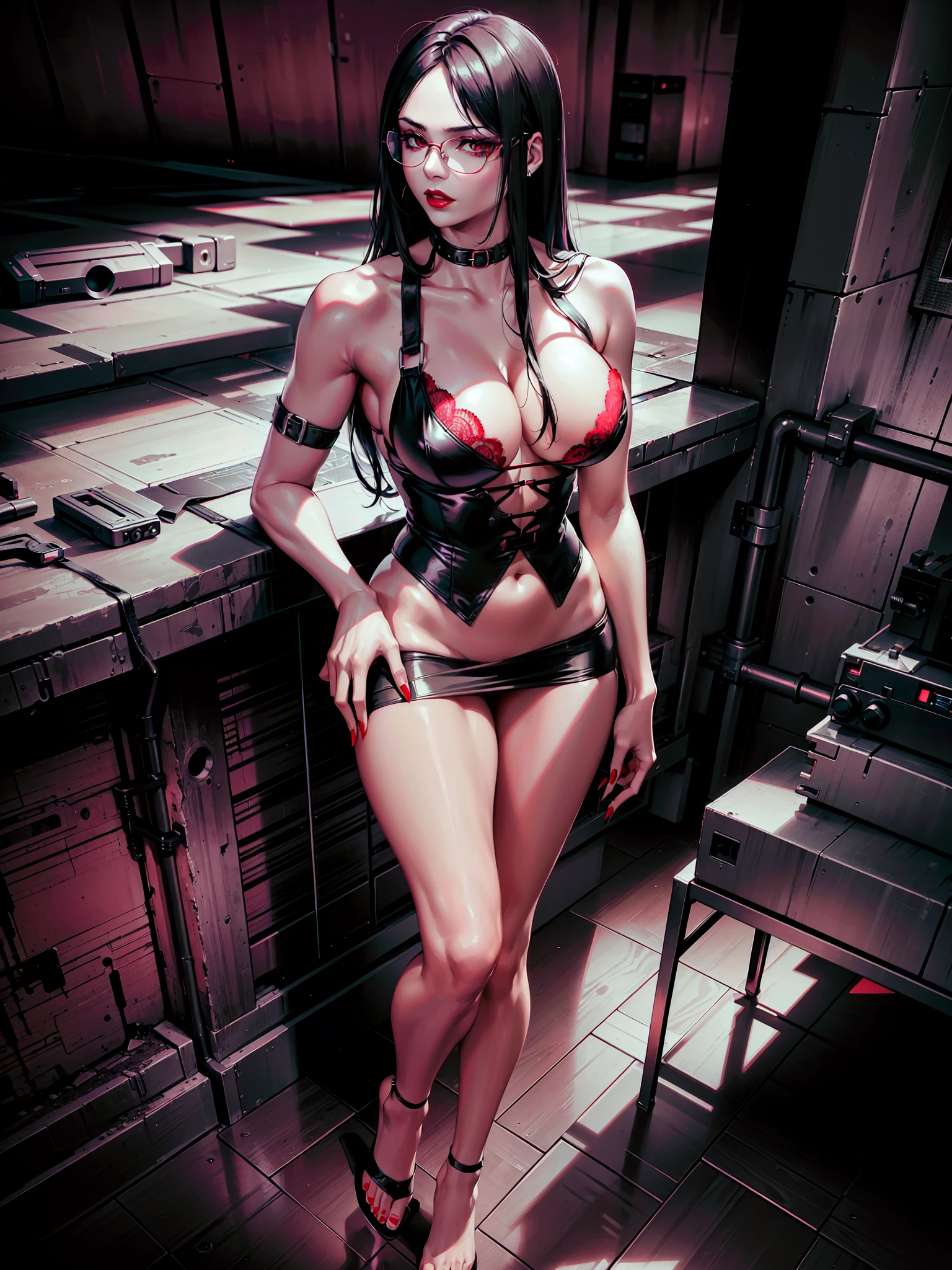 Cyberpunk, all black, sultry, very short see through skirt, lace fabric, red strappy undergarments, Red lace bra, stiletto high heals, black lace thigh high stockings, badass, remove glasses, No eyewear, Delete glasses, brown eyes, See through dress, breasts poking fabric, Red thong seen through skirt, Detailed face, Perfect hands, 8k, shot on dslr, High rez, thin lips, red lip gloss on lips, Long legs, Perfect legs, Perfect feet, Red nail polish on toenails and fingernails. Anatomically correct.