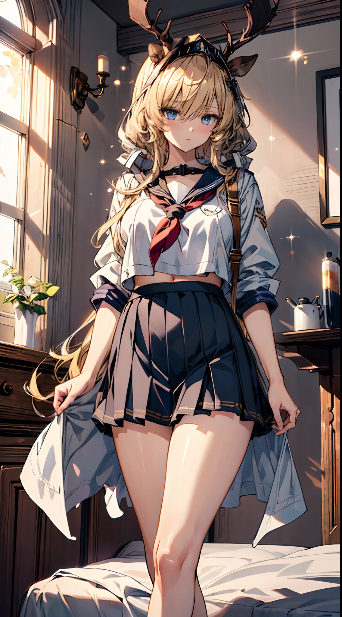 (((Masterpiece))),(incredibly_absurderes),(Best quality),(A high resolution),(Highly detailed),((CG unity 8k wallpaper)),Beautiful illustration、top-quality、Cute little girl s、Bedroom、Golden hair、long whitr hair、(((pleatedskirt)))、(((a sailor suit)))、short- sleeved、a navel、Pull up the skirt，Bare legged、eBlue eyes、on top of the bed、Lovely thighs、glowing thigh