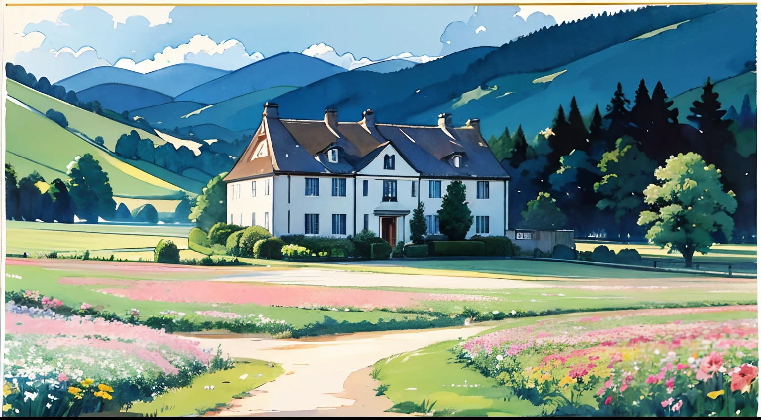 (Watercolor in Sargent style)、(top-quality、masterpiece)、Soft light、View of the Cotswolds,Old farmhouse、rivulets、flower bloom、There are no people、