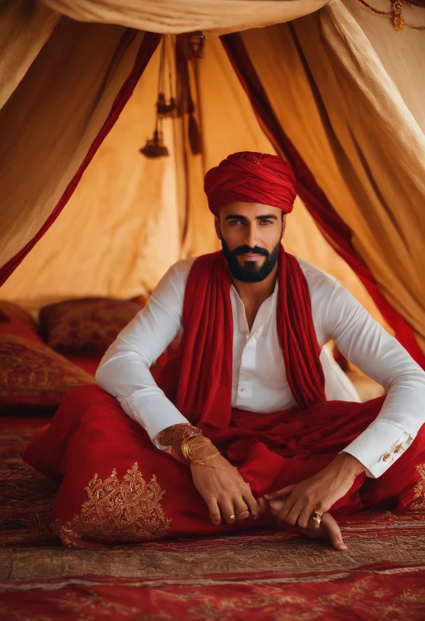 Abdal era nudista. He wore baggy red trousers adorned with gold jewelry, seu peito nu e musucloso era forte e robusto, estava sem camisa. Seu rosto era firme de viril tinha barba espessa e escura. olhos verdes penetrantes, sorriso sedutor. Seus cabelos eram escuros e seu corpo forte e musucloso era bronzeado. He wore gold bracelets and was lying among cushions in a tent in the middle of an oasis in the Arabian desert.