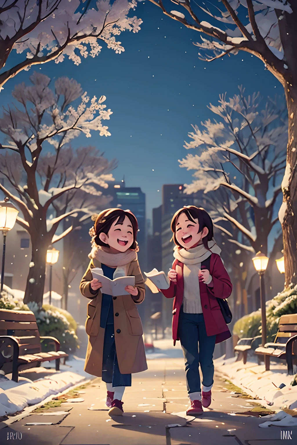 photoRealstic、walk in a city park and enjoy studying with friends、winter, Opens mouth and laughs、up of face、season winter