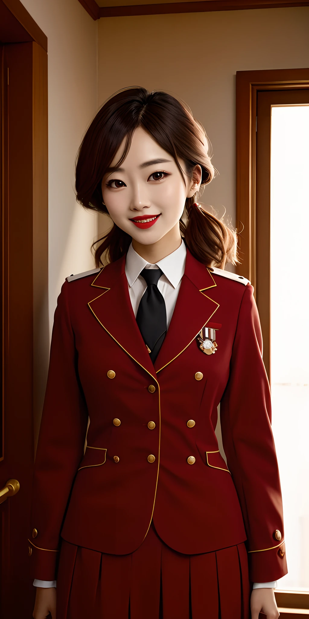 Black eyes, 1 woman, (Female)), Solo, Real, Top quality, Photorealistic, Masterpiece, 8K, HDTV, Solo, HDTV face, Soft lighting, Bedroom, ((Daytime)), sky, (looking at the camera in), (Portrait: 0.6), Full-body, (Medium hair), pony tails, Brown hair, Floating hair, Lips, lipstick, Seductive smile, Floating hair, Smile, Open mouth, teeth, eyeslashes, Nogizaka 46, Fashionable Tada, Akari Suda, heartthrob, Beautiful girl, ((uniform)), (((standing))