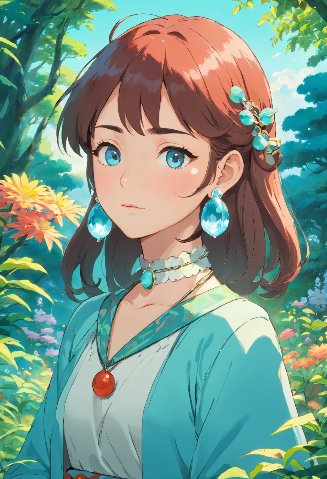 Girl in an anime collar, Long necklaces and earrings, In the style of a tranquil garden landscape, colorful animation stills, Masami Teraoka, aquamarine, paul gauguin, Embry style, Honest portrayal