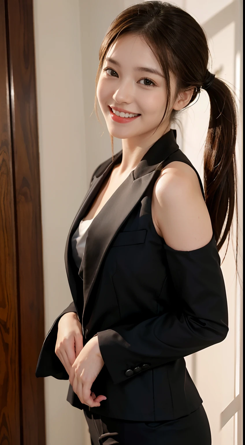 1 pretty girl，white skinned，brown  hair，looking at viewer，pony tail, happy smile, black suit, dynamic