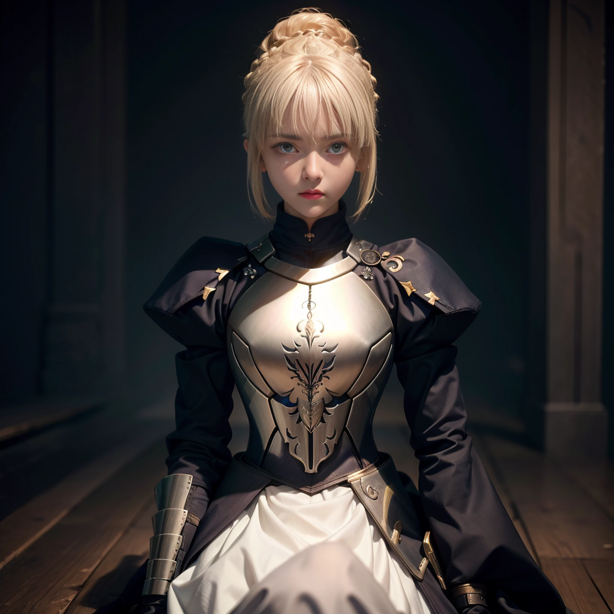 melhor qualidade, master part, phAlter, phAltoria, 1girl, sozinho, Arma escura, vestido blindado escuro, espada escura, Olhando para o Viewer, segurando arma escura, Manoplas escuras, segurando espada escura, cabelo entre os olhos, vestido preto, breastplate, armadura preta, Fechaduras laterais, franja, french braid, separated-lips, mangas inchadas, mangas compridas, short hair,