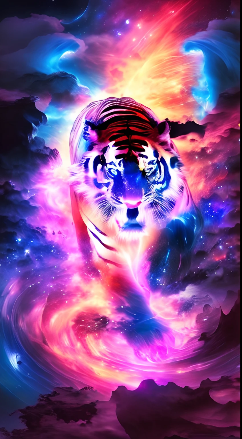 dreamlikeart, galaxy, outer space, nebula, star, [cyberpunked] Tiger from the Stars (star:1.5),