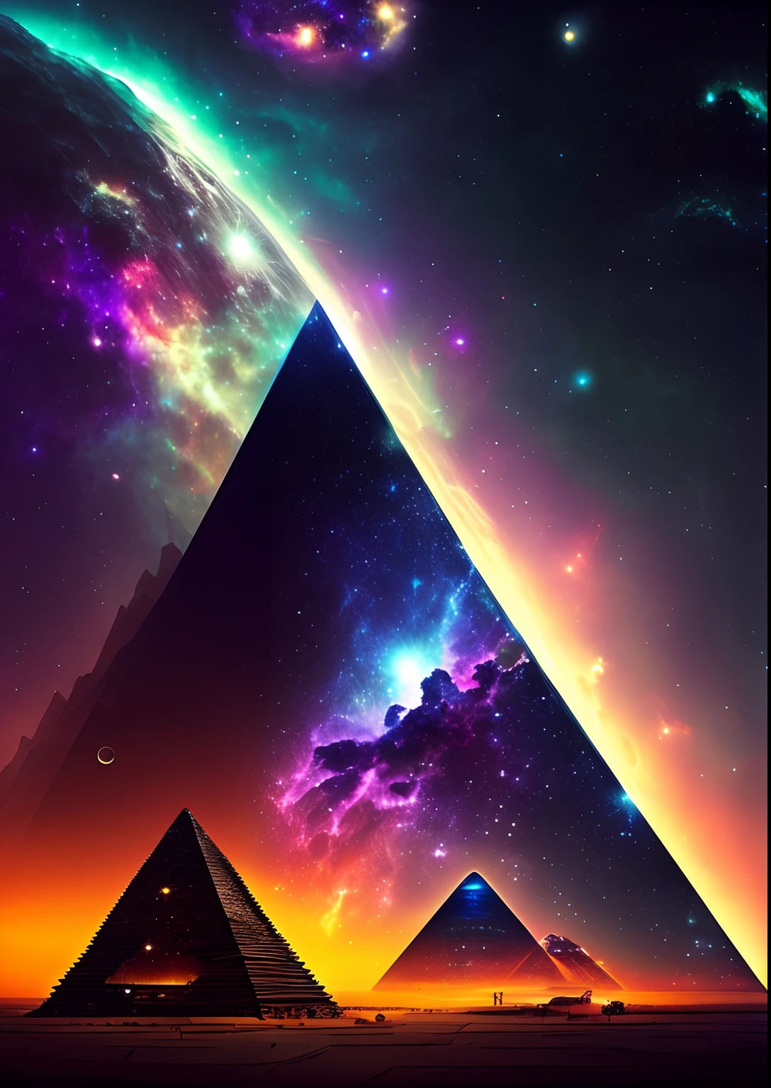 dreamlikeart, galaxy, outer space, nebula, star, [cyberpunked] Pyramids from the stars (star:1.5),