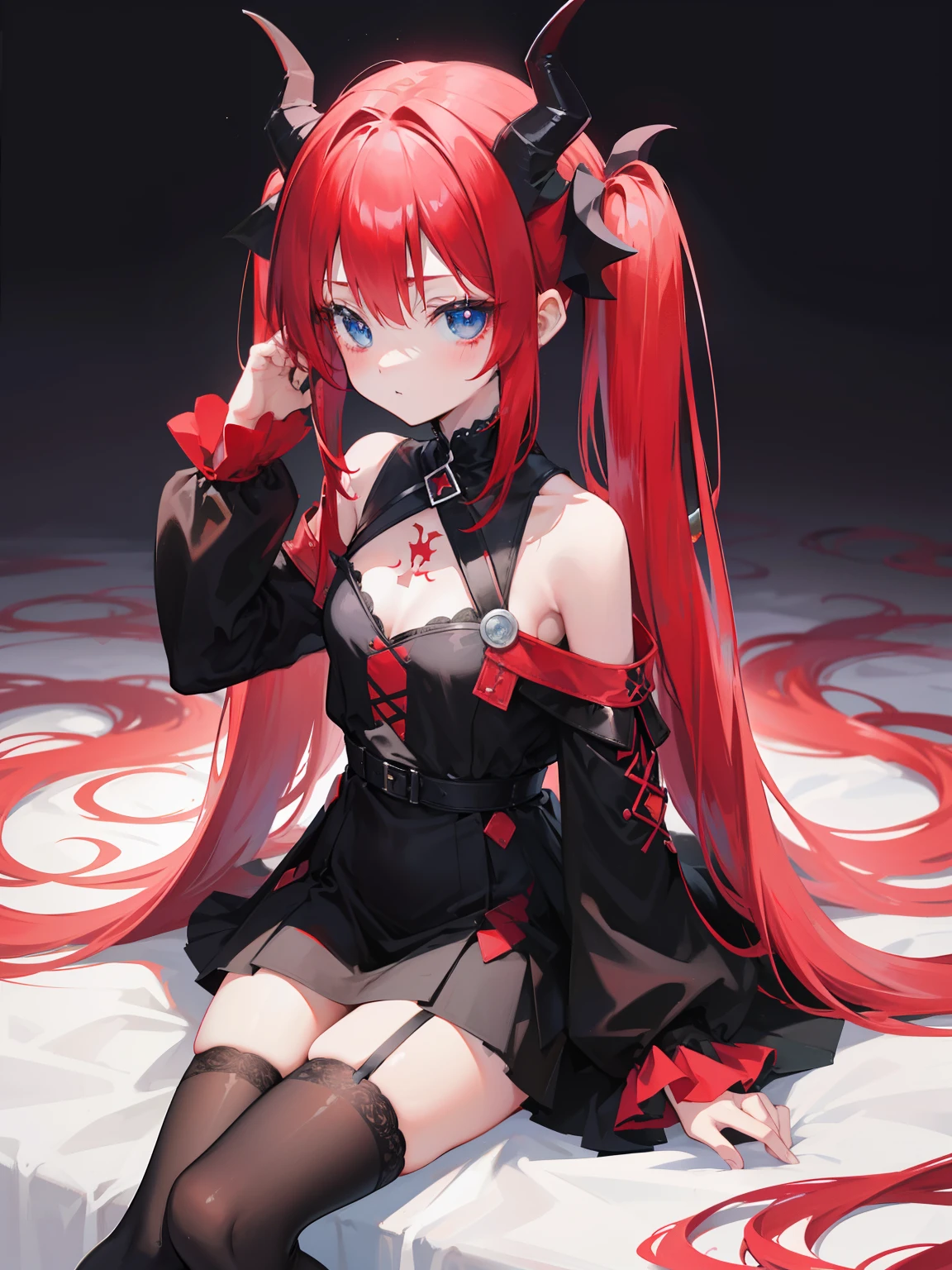 red hair,blue eyes,twintails, long hair, solo, loli, black stockings,{{best quality}}, {{masterpiece}}, {{ultra-detailed}}, {illustration}, {detailed light}, {an extremely delicate and beautiful},,cute,Succubus, demon,horns