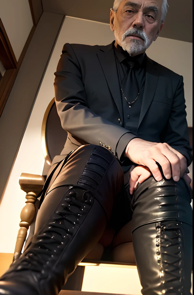 with a goatee，Old gentleman in black riding boots，Show off his boots，The light source is in the upper left corner。