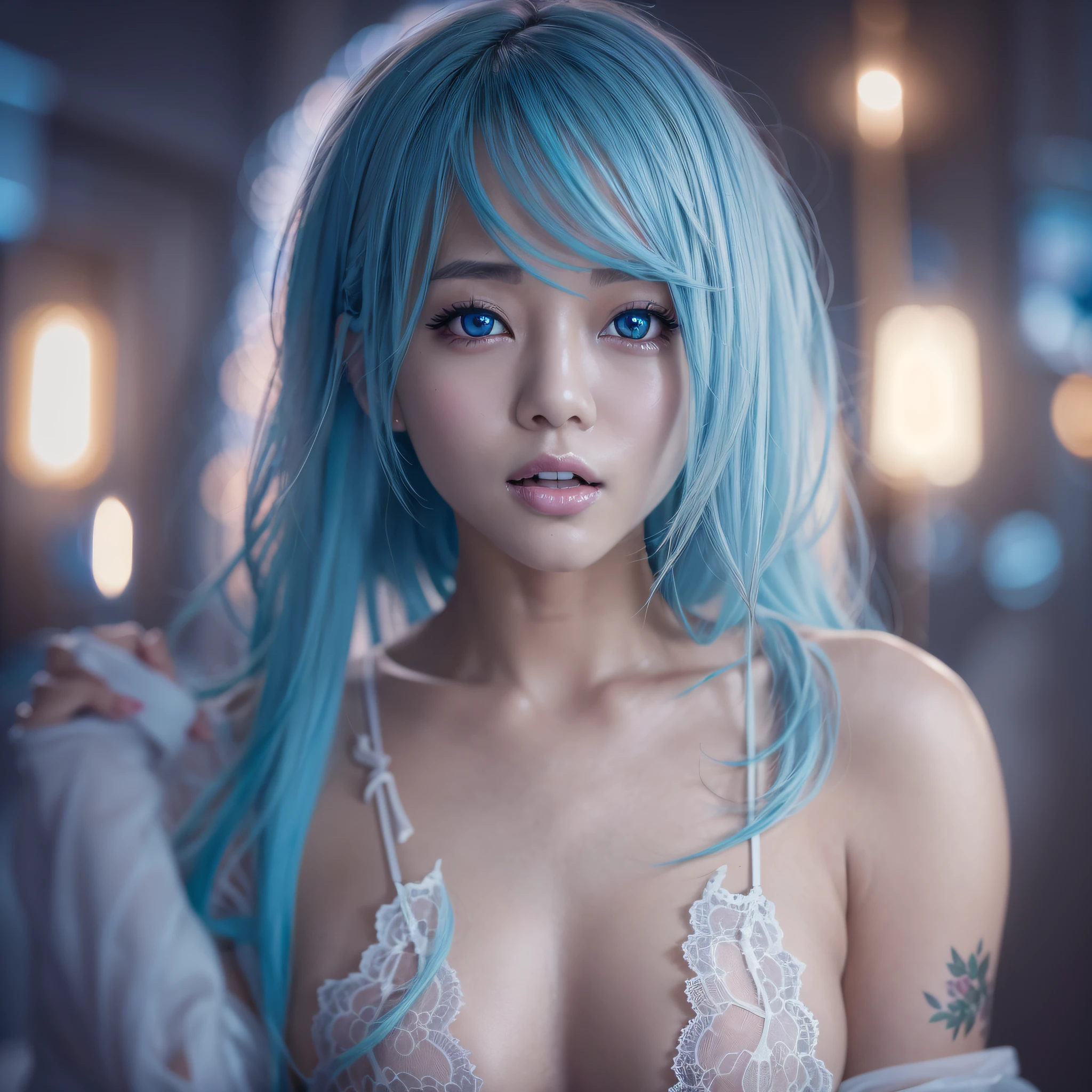 NSFW，Vagina，Smooth vaginal opening，1人の女性，Detailed modeling，Cinematic lighting，realisitic，a picture，20yr old，Whitening Skin，blue hairs，Masterpiece，high-detail，