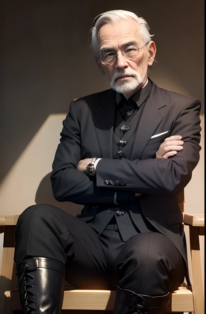 with a goatee，Old gentleman in black riding boots，Show off his boots，The light source is in the upper left corner。
