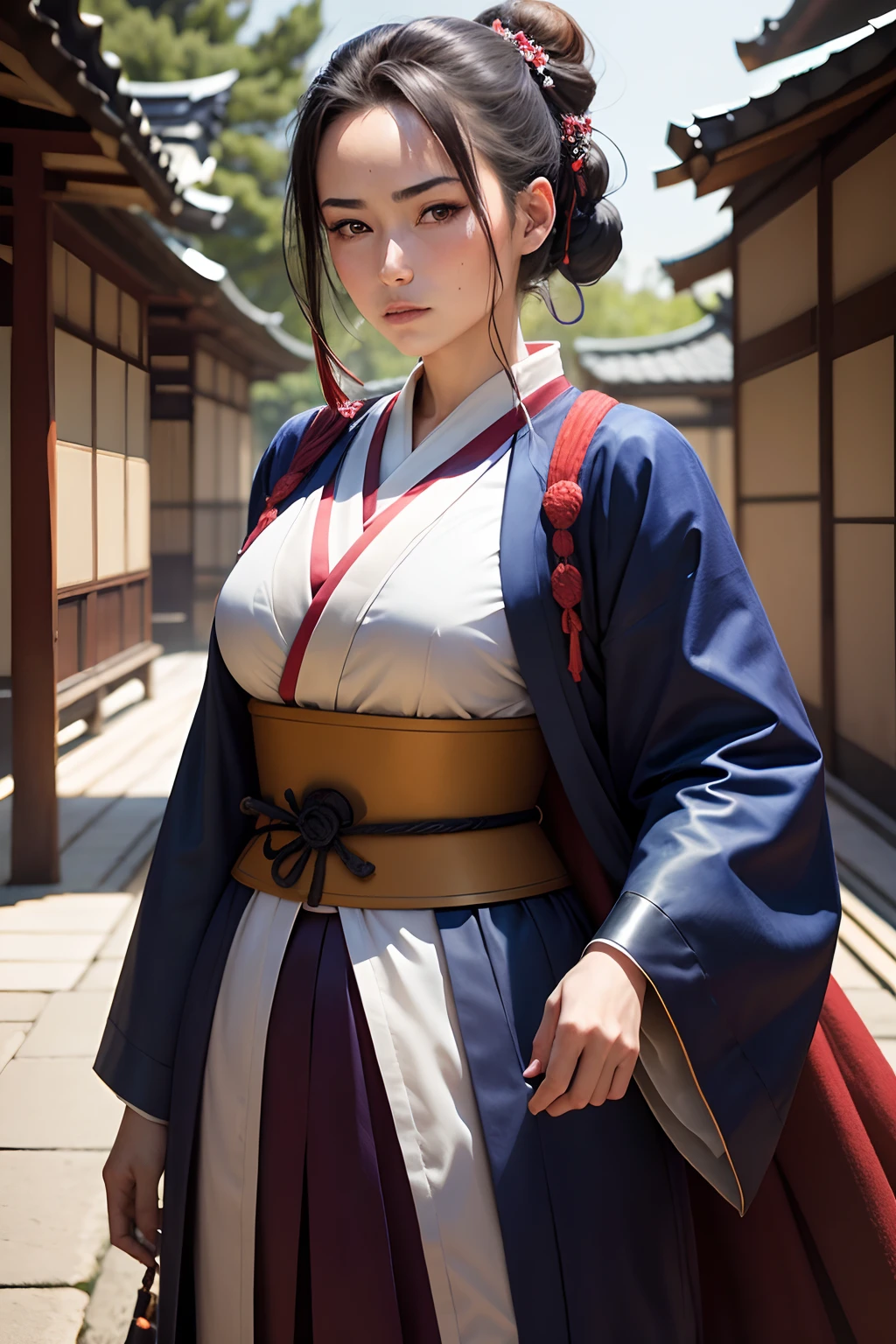 Il est une femme qui porte un costume de samurai japonais