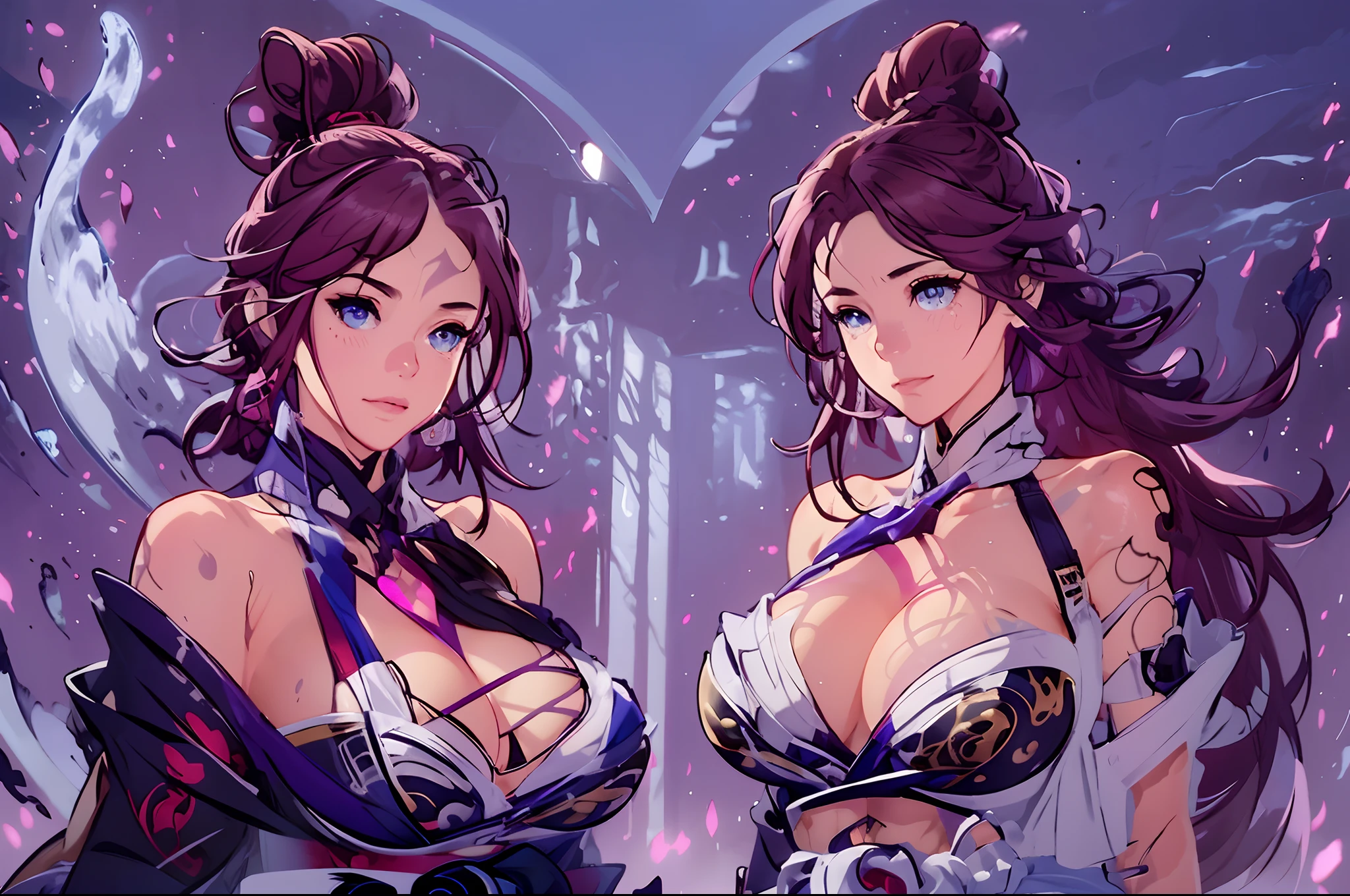 (hyperrealistic:1.2),(photorealistic face:1.2),best quality, sharp focus,masterpiece,swimsuit,photography, photorealistic, ultra realistic, cinematic,RAW photo,8k uhd,film grain,photo,intricate details,hyper realistic


1girl,Chifusa  \(manyuu hikenchou\),curvy girl ninja, golden eyes,dark blue hair that usually wears up in a ponytail,white scarf,loose red kimono with top slightly open,cloth wrap underneath kimono,black arm guards with dark blue gloves underneath,dark blue thigh-highs,black ninja sandals,((boob window)),((cleavage:1)),((big boobs:1.2)),((huge boobs:1.2)), chubby, curvy,(thick thighs:1)),girl 1 has a coloured skin,beautiful, perfect anatomy,dynamic pose, agility, swordsmanship, ninja stance,sword stance, skimpy kimono, visible panty, purple panty, multiple views, 

girl2,Chifusa  \(manyuu hikenchou\),curvy girl ninja,red sparkling eyes,red fiery blue hair that usually wears up in a ponytail,white scarf,loose dark blue kimono with top slightly open,cloth wrap underneath kimono,white arm guards with black gloves underneath,dark red thigh-highs,white ninja sandals,((boob window)),((cleavage:1)),((big boobs:1.2)),((huge boobs:1.2)),(purple skin),chubby, curvy,(thick thighs:1)),beautiful, perfect anatomy,dynamic pose, agility, swordsmanship, ninja stance,sword stance, skimpy kimono,visible panty,tough look,mean look, white panty, spiritual appearance, translucent appearance, multiple views
((girl2:: is a familiar of girl1::)),girl2 stands besides girl1 in a dynamic fighting pose,two people standing side by side,multiple views, 

Ben Bauchau, Michael Garmash, Daniel F
Gerhartz, Clint Cearley, Carne Griffiths, Jean Baptiste
Monge, strybk style, warm dreamy lighting, matte
background, volumetric lighting, pulp adventure
style, fluid acrylic, dynamic gradients, bold color,
illustration, highly detailed, simple, smooth and clean
vector curves, vector art, smooth, johan grenier,
character design, 3d shadowing, fanbox, cinematic.
ornate motifs, elegant organic