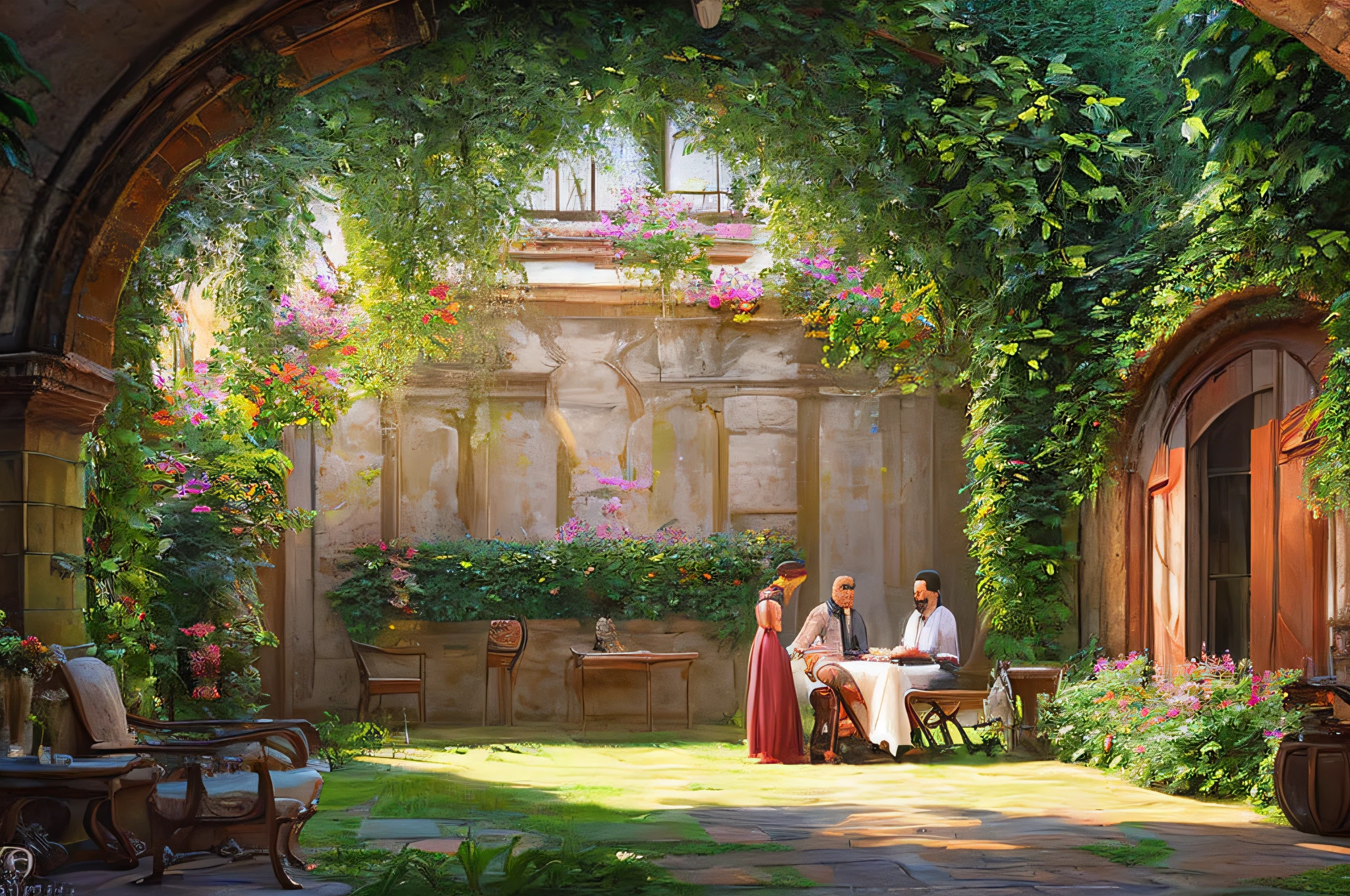 scene of a courtyard, 3 people, tranquil drapery, sunlight, glow, scenery concept art, overgrowth. by Renoir , relaxing concept art, traditional classic concept art, a beautiful artwork illustration. high detail, background art, detailed concept art, environment design illustration, concept art highly detailed