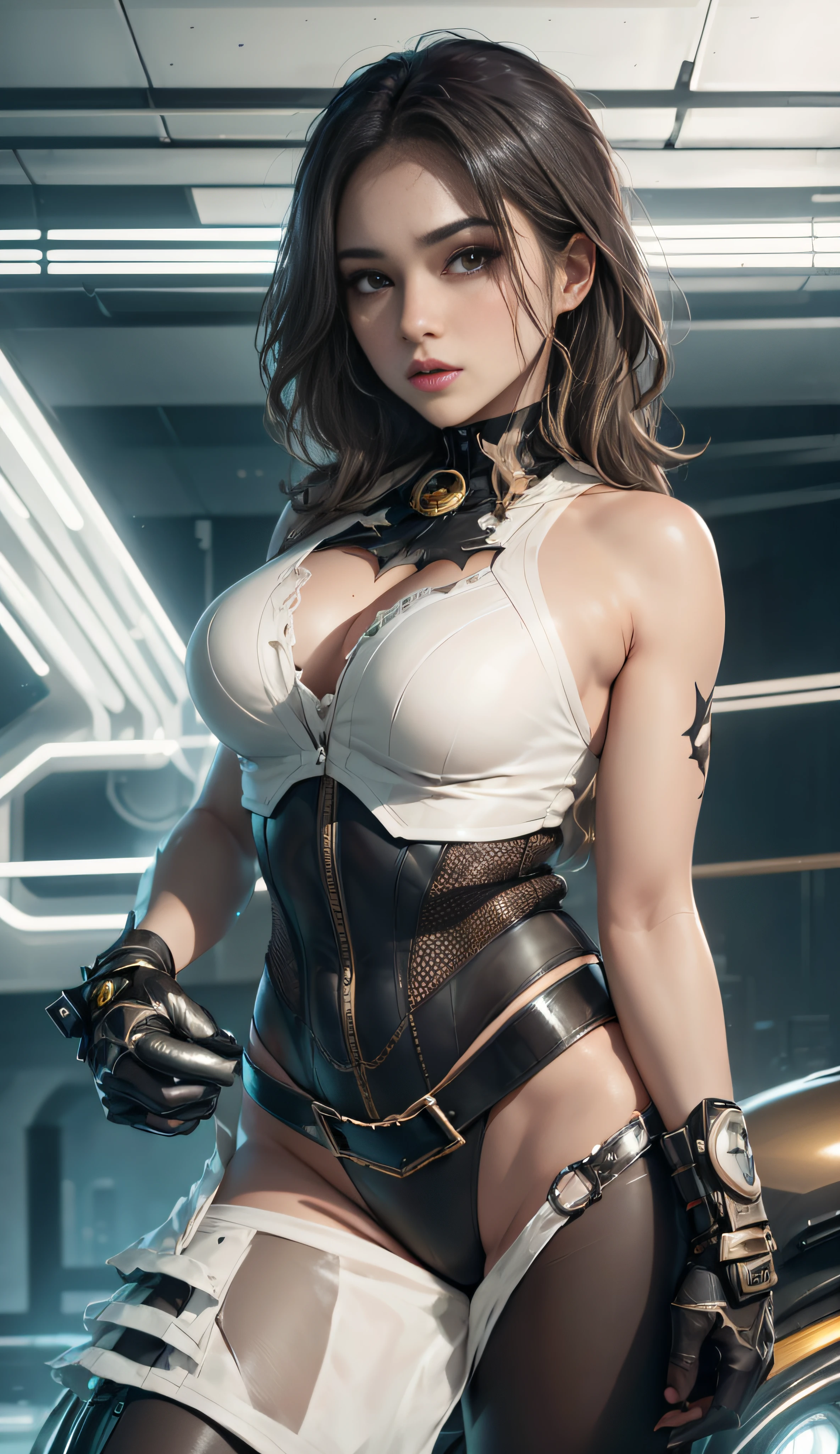 1girll, full bodyesbian, The style of the Batwoman costume, Medium breasts, Yellow Batman logo on chest and belt, Masterpiece, Best quality, Detailed skin texture, Detailed cloth texture, Beautiful detailed face, Intricate details, Ultra detailed, Straight blonde hair, Dynamic pose, (Night Gotham City street background), (Best quality, A high resolution, Photorealistic, primitive, 8K,Masterpiece, ),Best quality, Masterpiec8K.hdr. High ribs:1.2, filmgrain, Blur bokeh:1.2, Lens flare, (vivd colour:1.2), (Delicate),