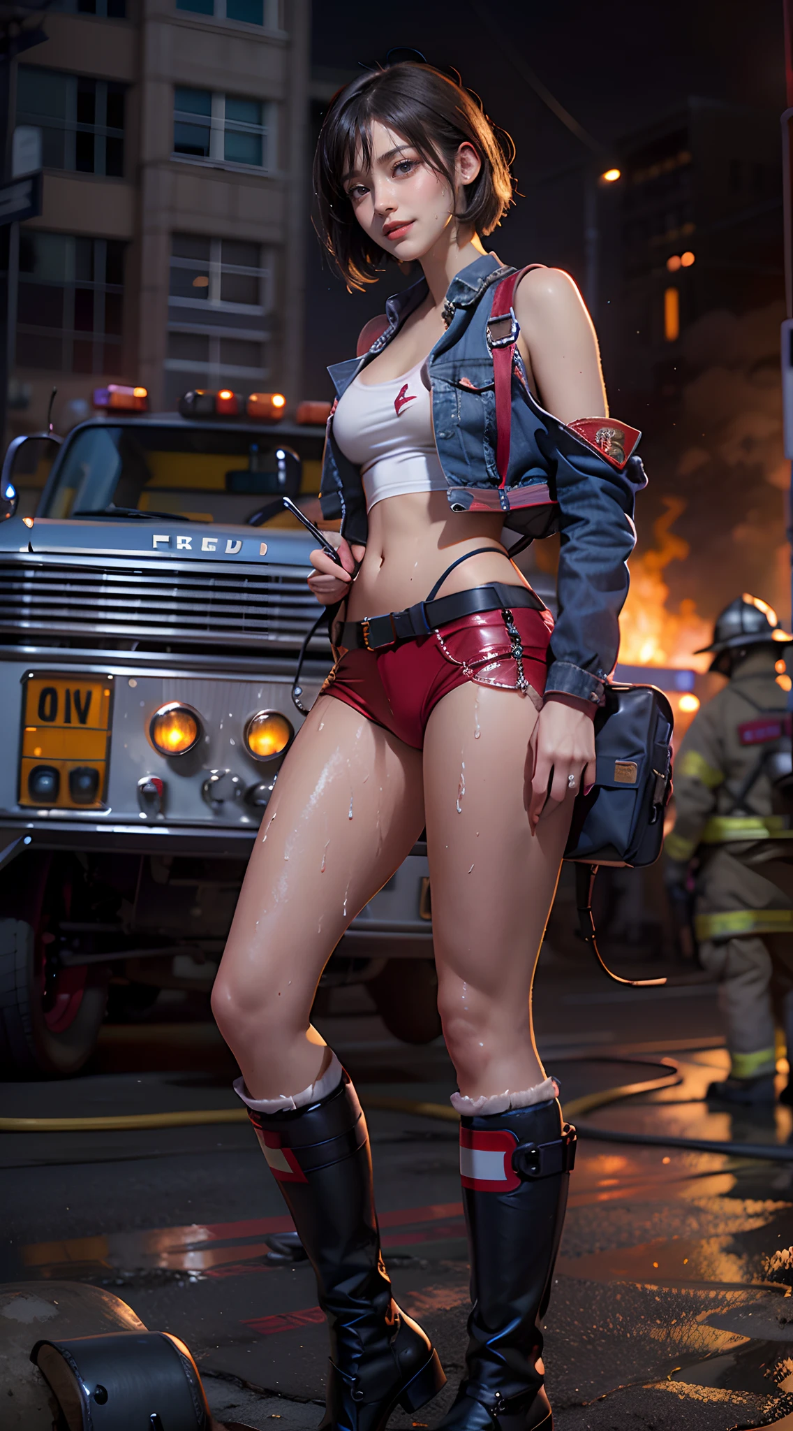 (The FW), 1womanl, Solo, 24 year old, 7headed body, (cute  face), (Ideal ratio body proportions), American cityscape, Heavily armed firefighters, Stand in front of a fire truck, Smiling smile, The costume is sheer, Wet, short-hair, Dark hair, small tits, A slender, Small buttocks, beauty legs, Skinny Legs, surrealism, Cinematic lighting, depth of fields, One-person viewpoint, F/1.8, 135 mm, nffsw, masutepiece, ccurate, Anatomically correct, Textured skin, Super Detail, high details, High quality, awardwinning, Best Quality, hight resolution, 8K