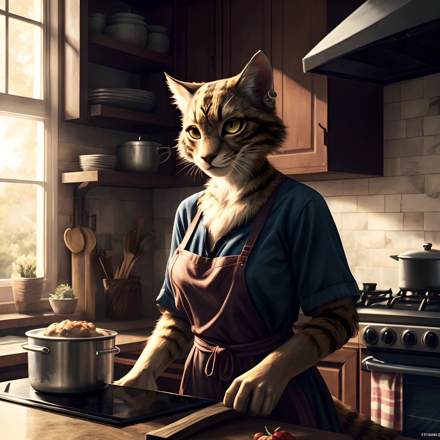 "cat, anthropomorphic, woman, slender body and bust, khajiit cooking in the kitchen, grey fur,  (best quality, 4k, highres, ultra-detailed:1.2), realistic, vibrant colors, natural lighting, tassels on the ears, sly look
